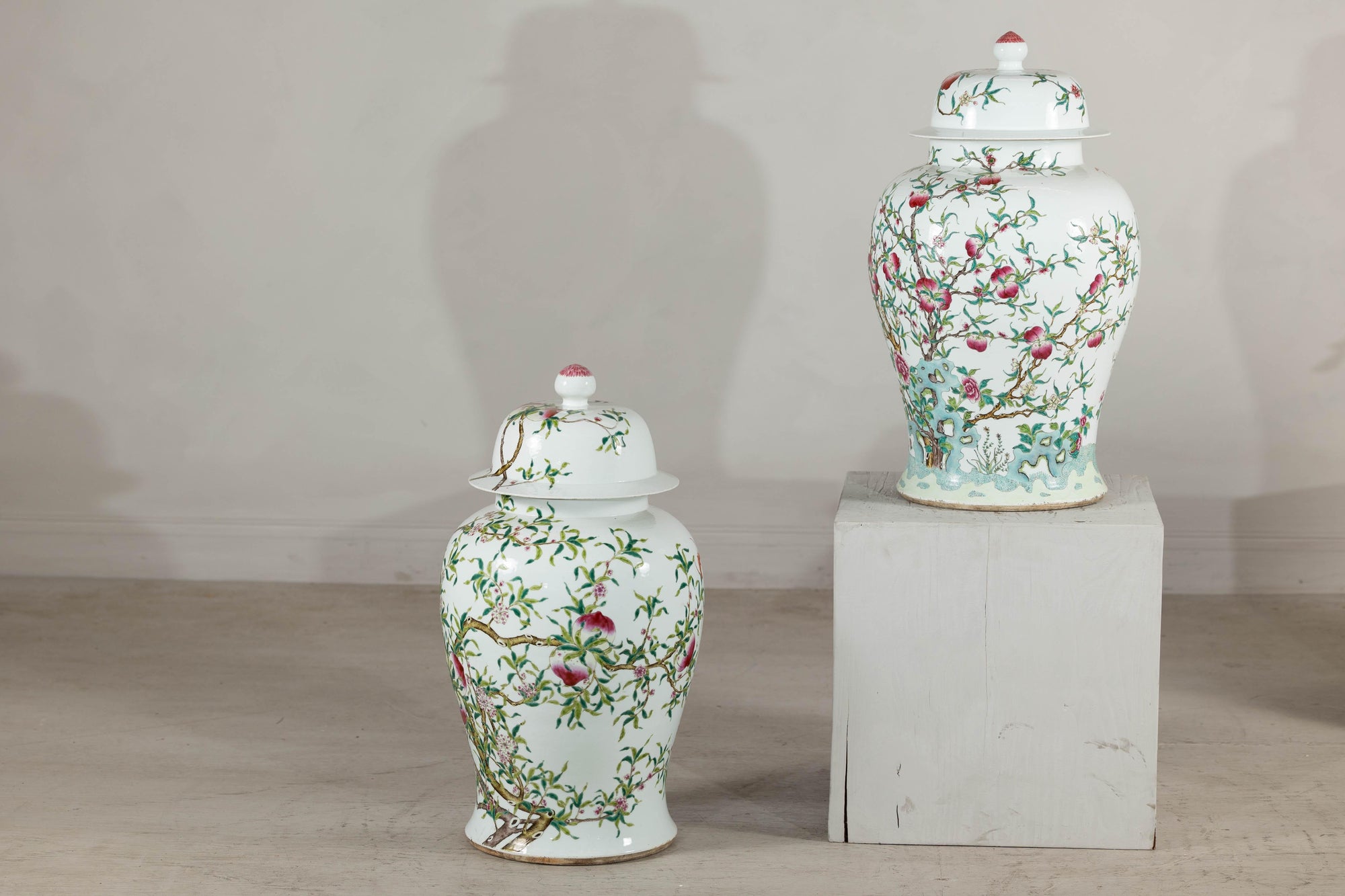 Near Pair of Famille Rose Ginger Jars with Peaches, Roses and Bats