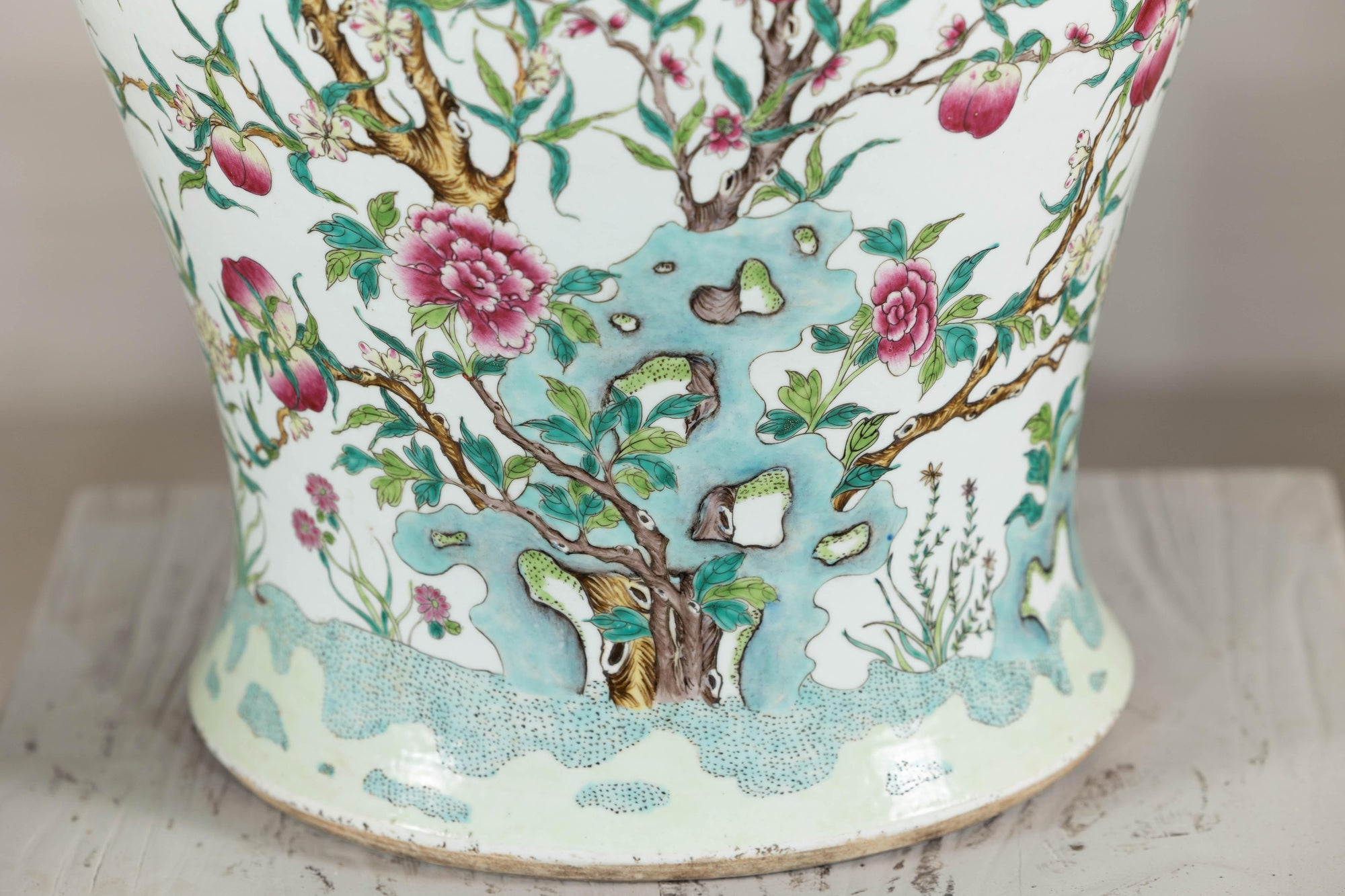 Near Pair of Famille Rose Ginger Jars with Peaches, Roses and Bats