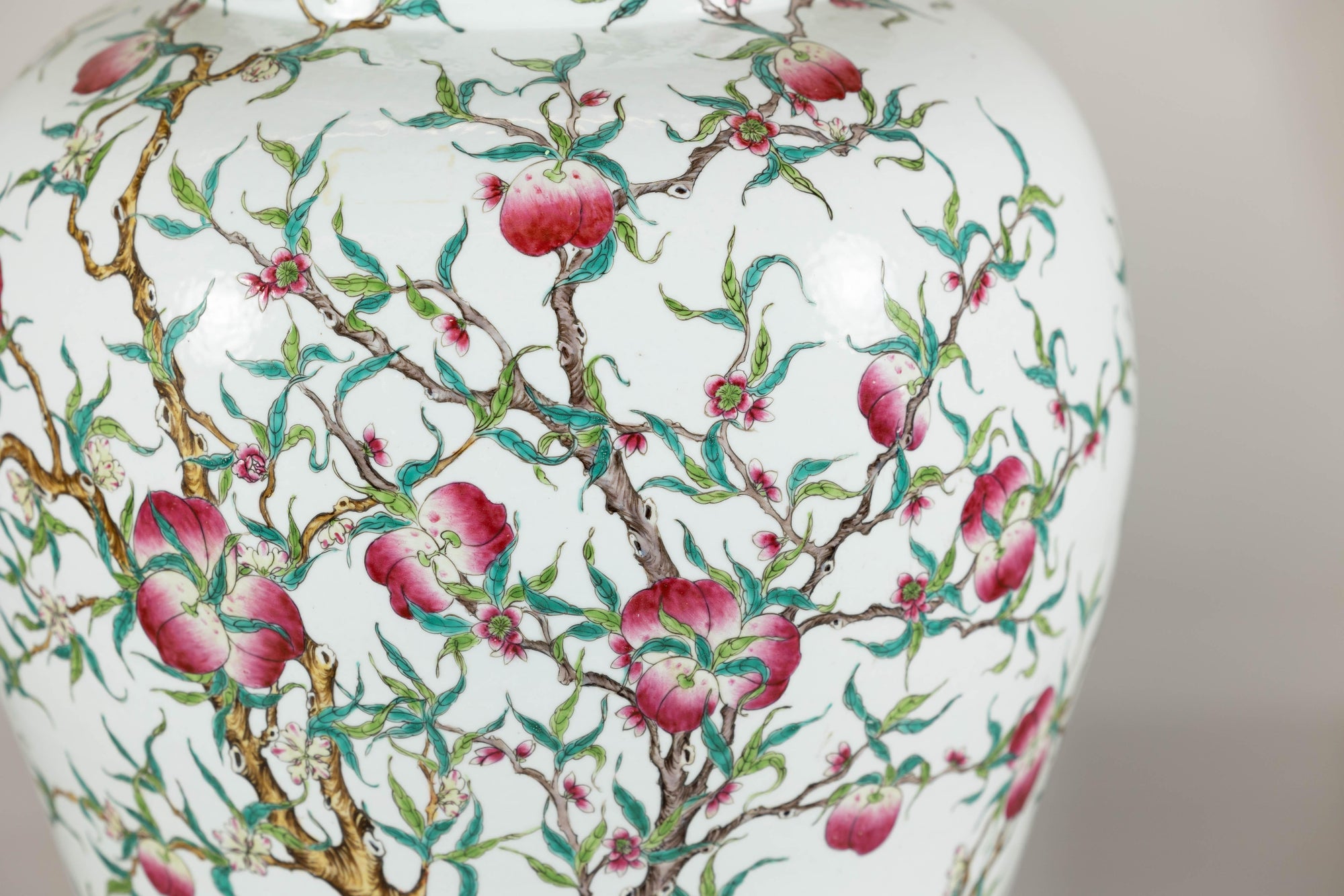 Near Pair of Famille Rose Ginger Jars with Peaches, Roses and Bats