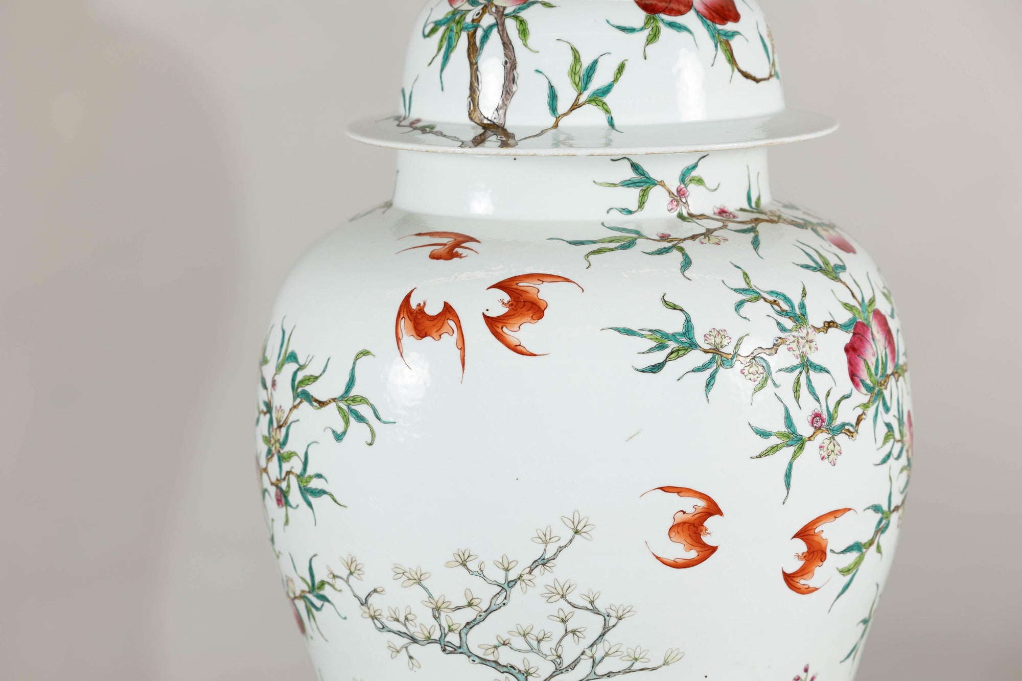 Near Pair of Famille Rose Ginger Jars with Peaches, Roses and Bats
