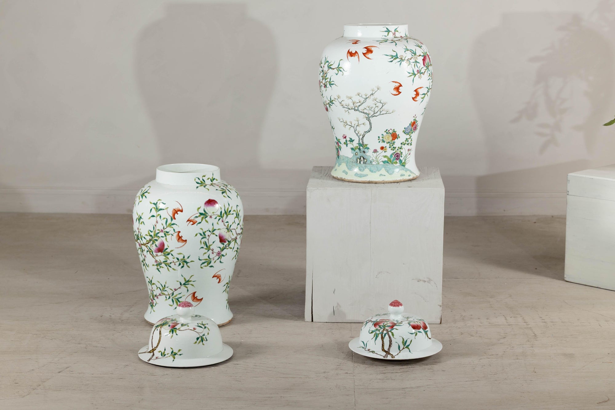 Near Pair of Famille Rose Ginger Jars with Peaches, Roses and Bats