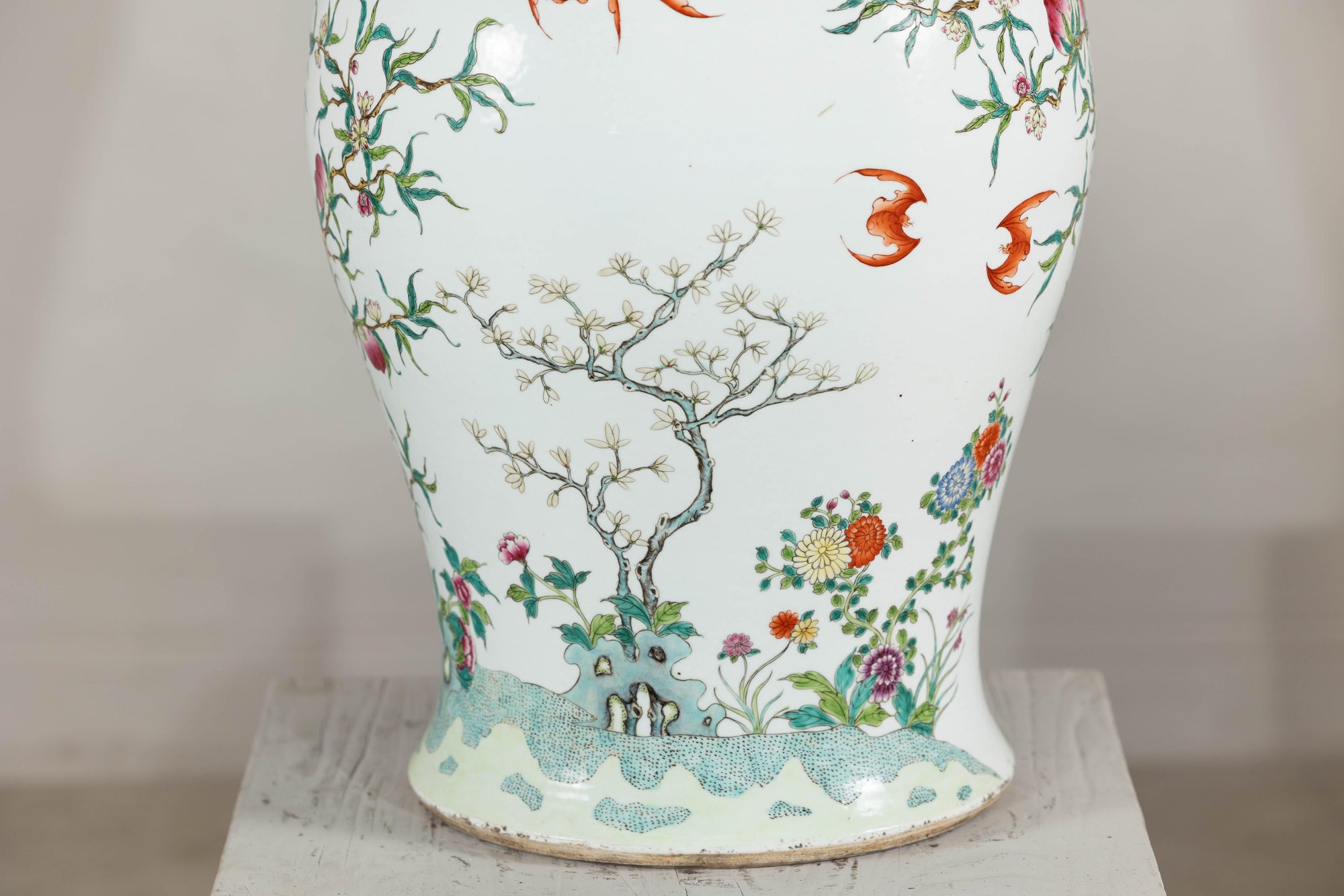 Near Pair of Famille Rose Ginger Jars with Peaches, Roses and Bats