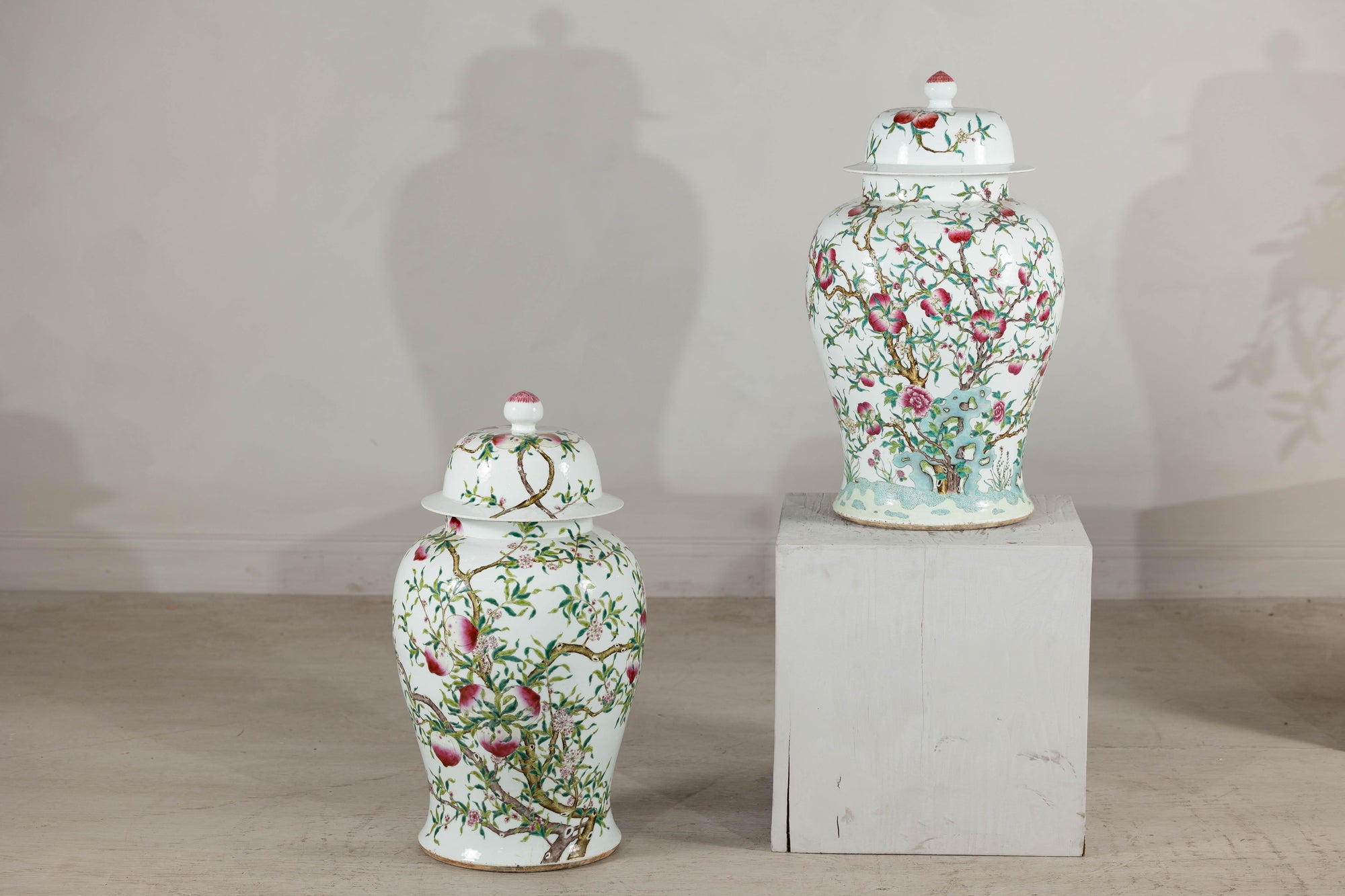 Near Pair of Famille Rose Ginger Jars with Peaches, Roses and Bats