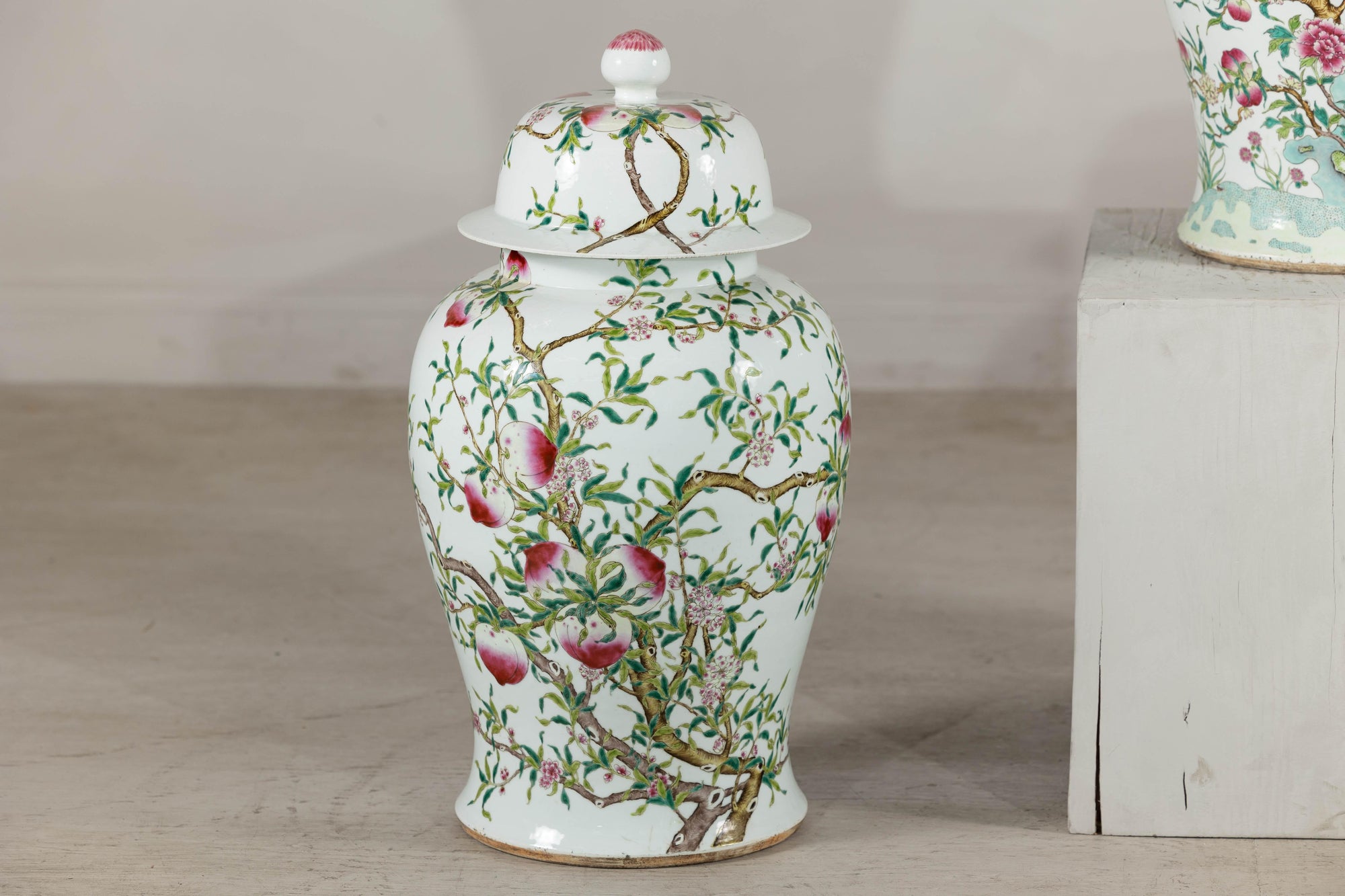 Near Pair of Famille Rose Ginger Jars with Peaches, Roses and Bats