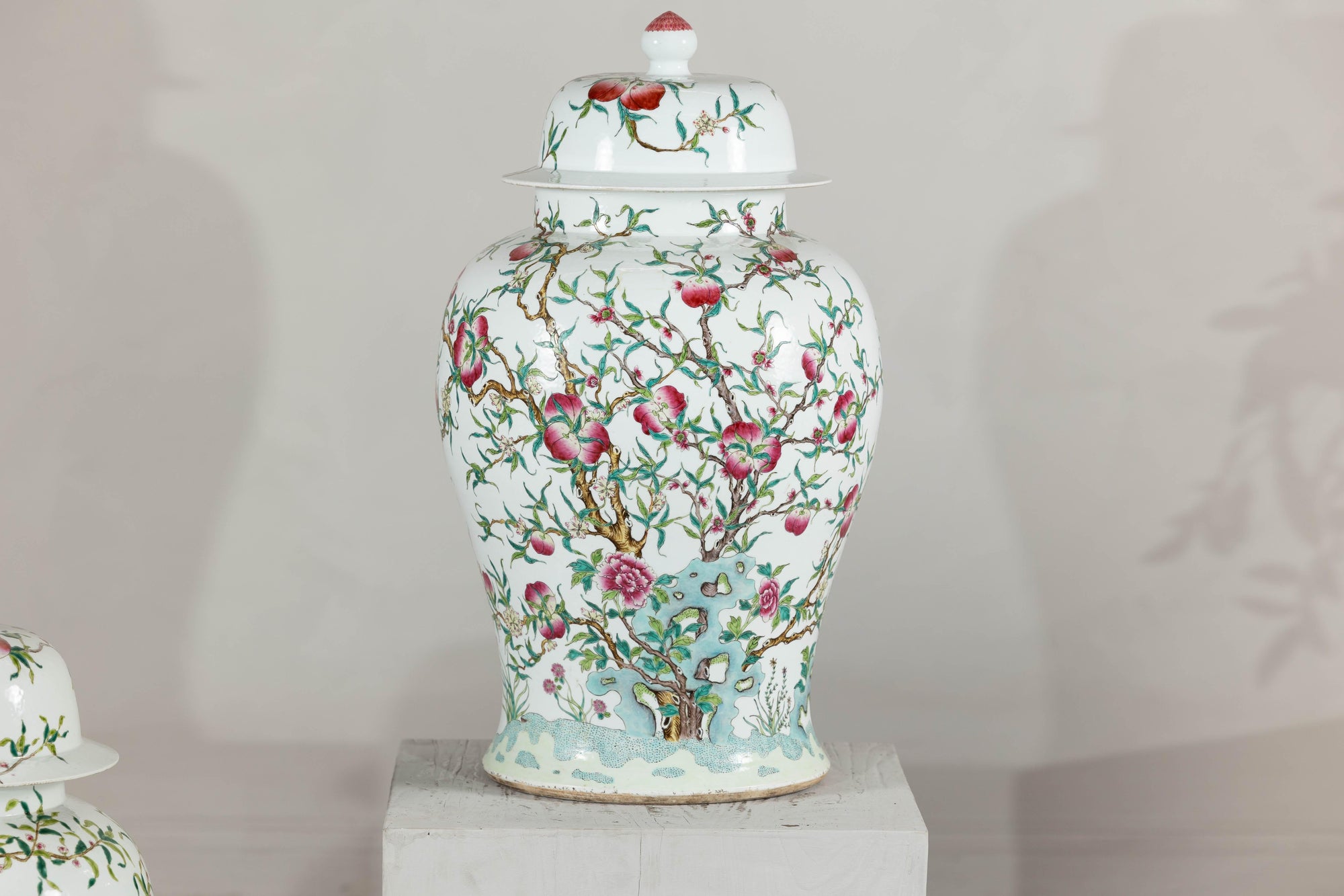 Near Pair of Famille Rose Ginger Jars with Peaches, Roses and Bats