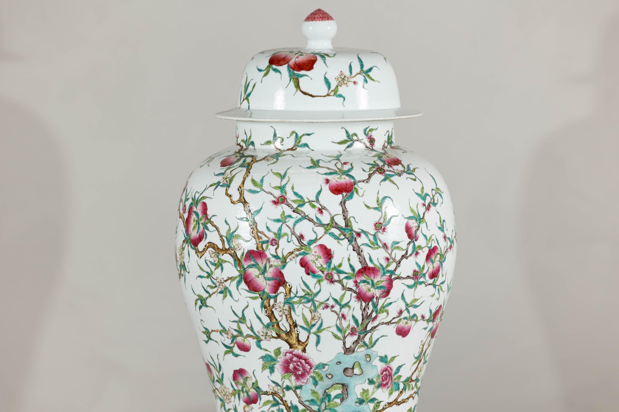Near Pair of Famille Rose Ginger Jars with Peaches, Roses and Bats
