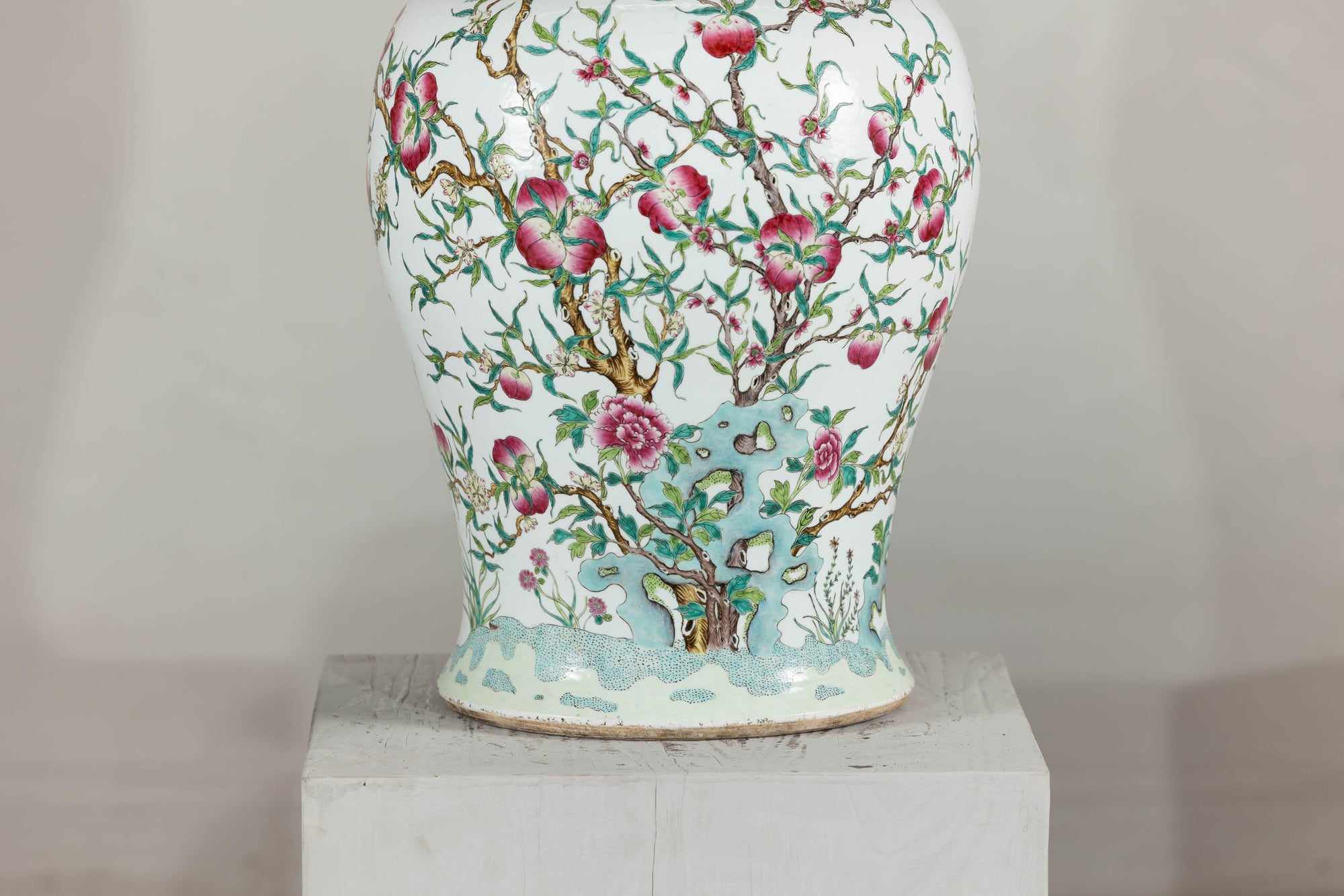 Near Pair of Famille Rose Ginger Jars with Peaches, Roses and Bats