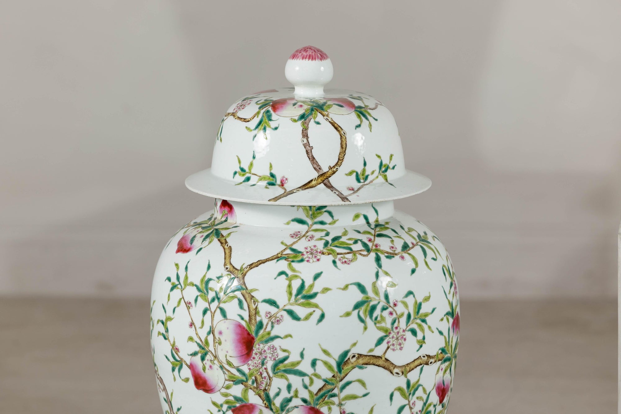 Near Pair of Famille Rose Ginger Jars with Peaches, Roses and Bats