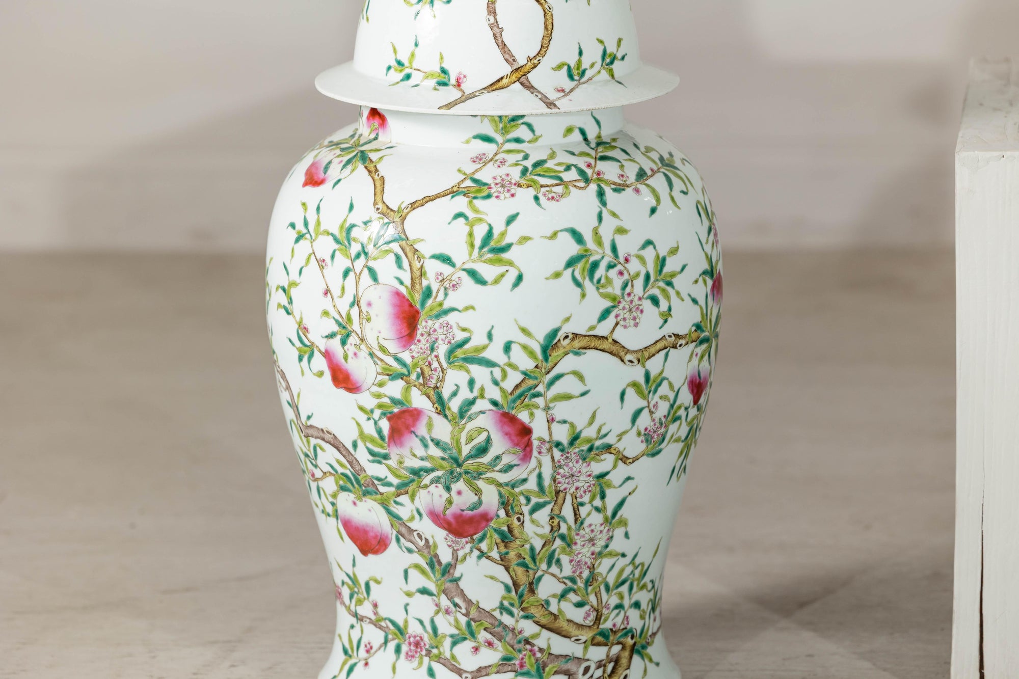 Near Pair of Famille Rose Ginger Jars with Peaches, Roses and Bats