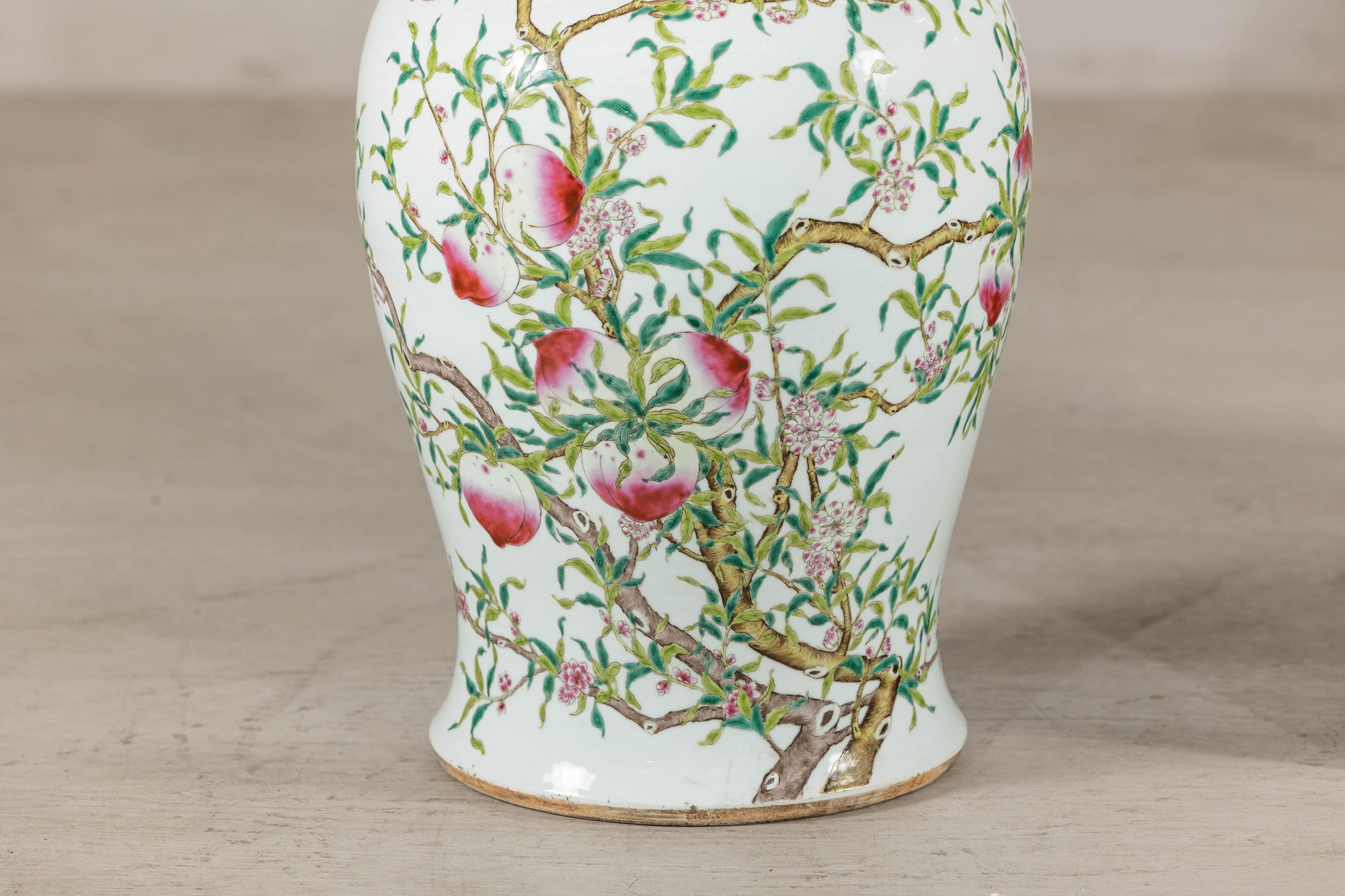 Near Pair of Famille Rose Ginger Jars with Peaches, Roses and Bats