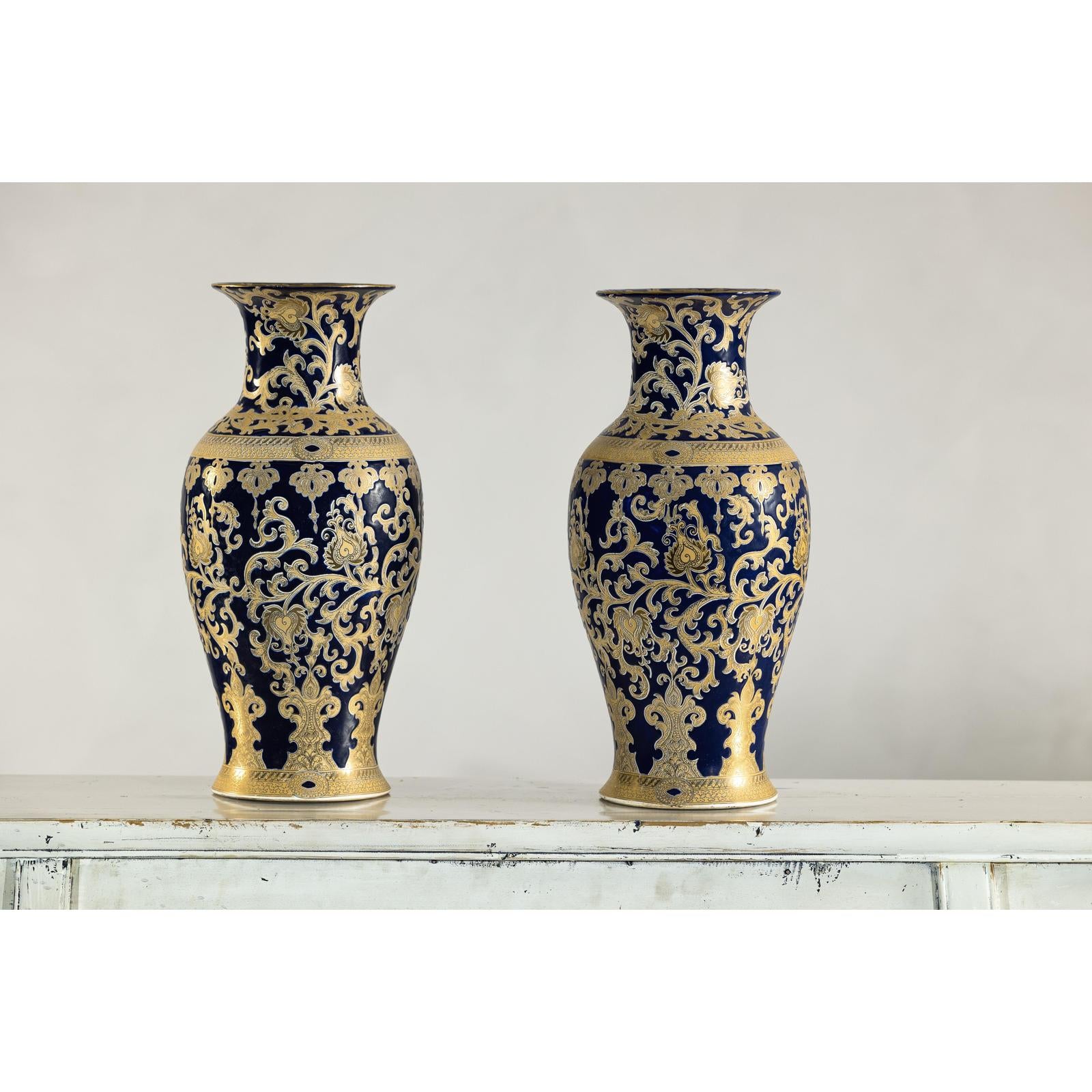 Pair of Sèvres-Inspired Cobalt Blue and Gold Porcelain Vases, Scrolling Foliage