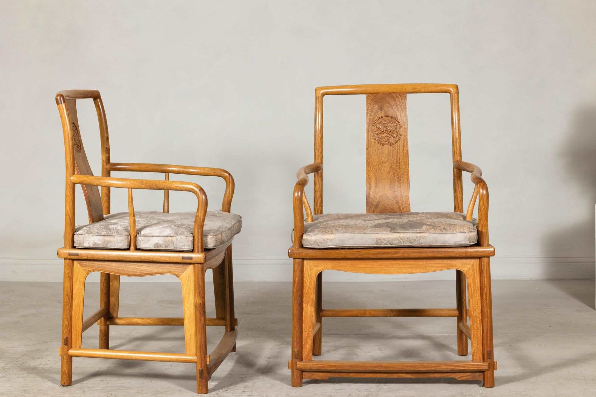 Pair of Ming-Style Hardwood Armchairs with Carved Medallion and Cushions