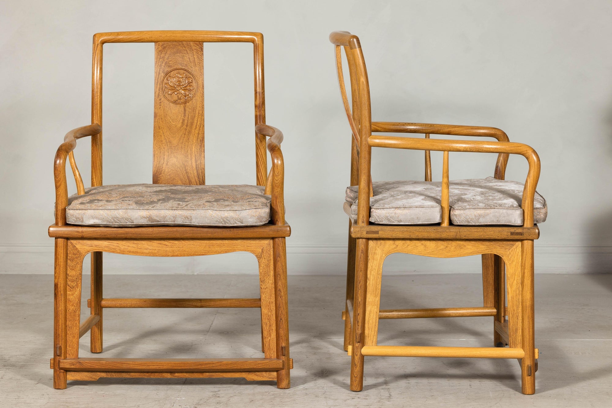 Pair of Ming-Style Hardwood Armchairs with Carved Medallion and Cushions
