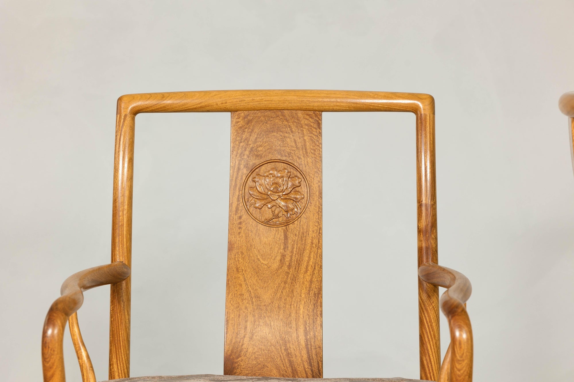 Pair of Ming-Style Hardwood Armchairs with Carved Medallion and Cushions