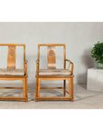Pair of Ming-Style Hardwood Armchairs with Carved Medallion and Cushions