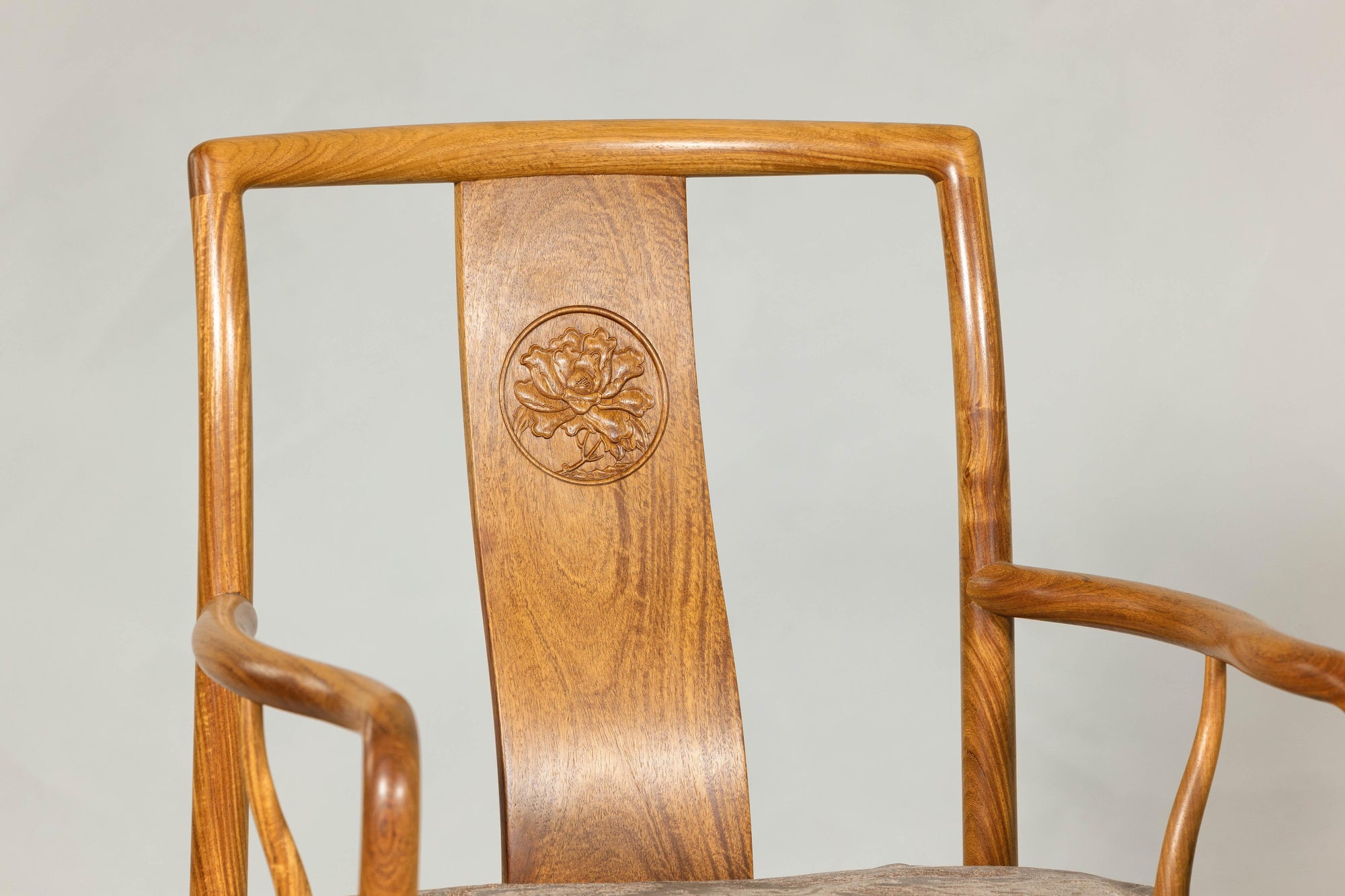 Pair of Ming-Style Hardwood Armchairs with Carved Medallion and Cushions