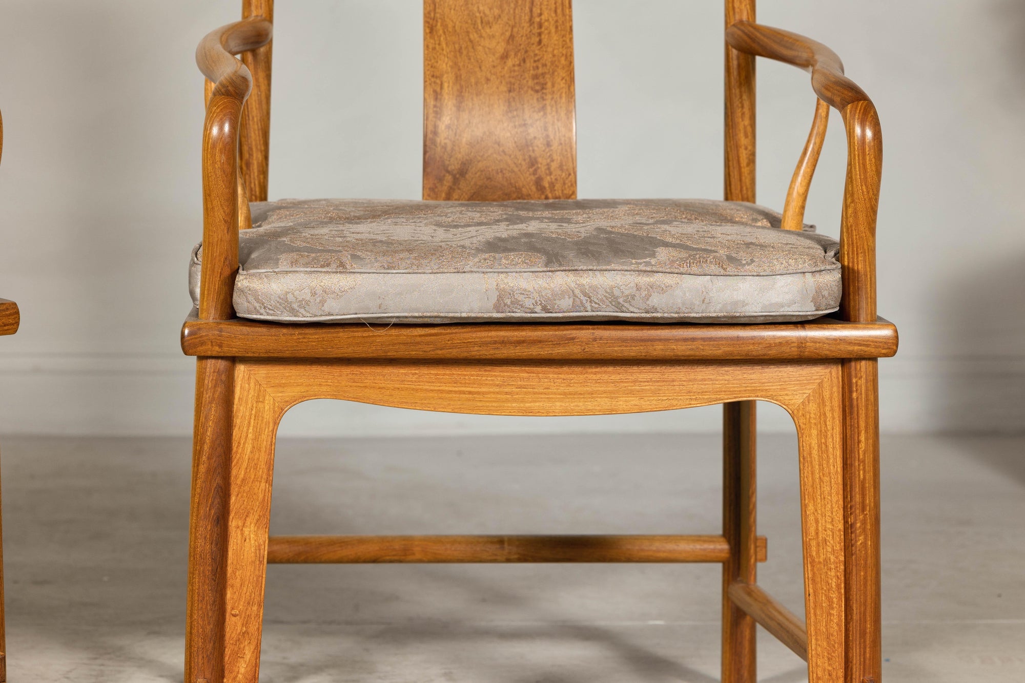 Pair of Ming-Style Hardwood Armchairs with Carved Medallion and Cushions
