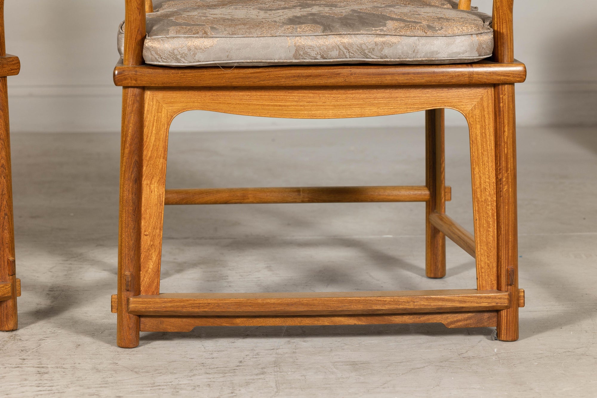 Pair of Ming-Style Hardwood Armchairs with Carved Medallion and Cushions