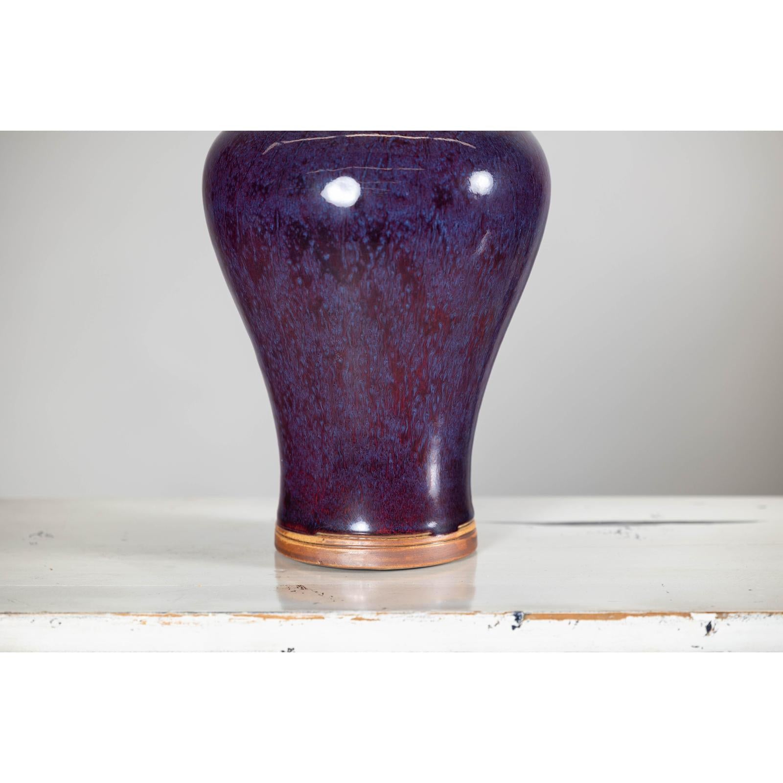 Deep Purple Meiping Vase with Glossy Two-Tone Glaze and Elegant Curved Form