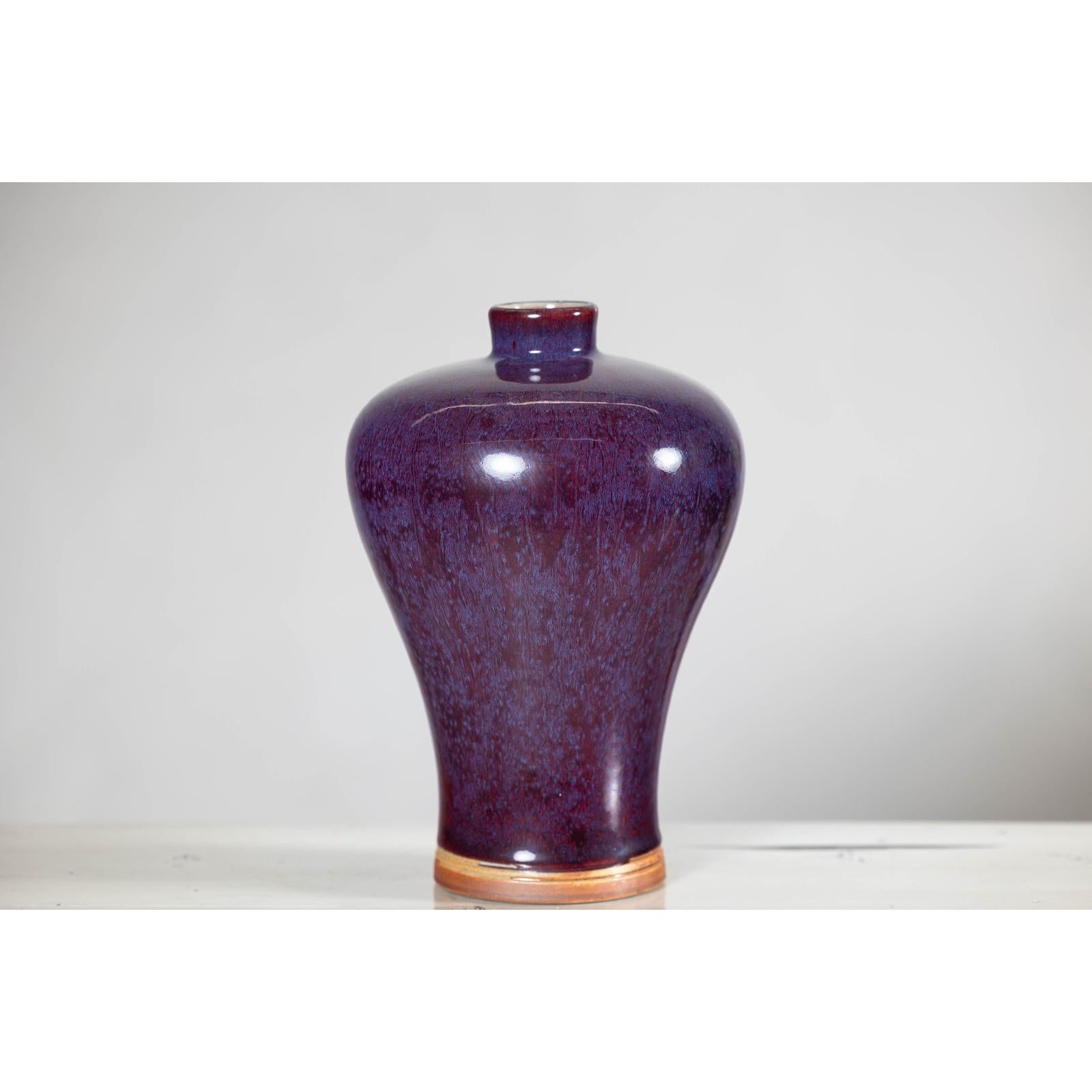 Deep Purple Meiping Vase with Glossy Two-Tone Glaze and Elegant Curved Form