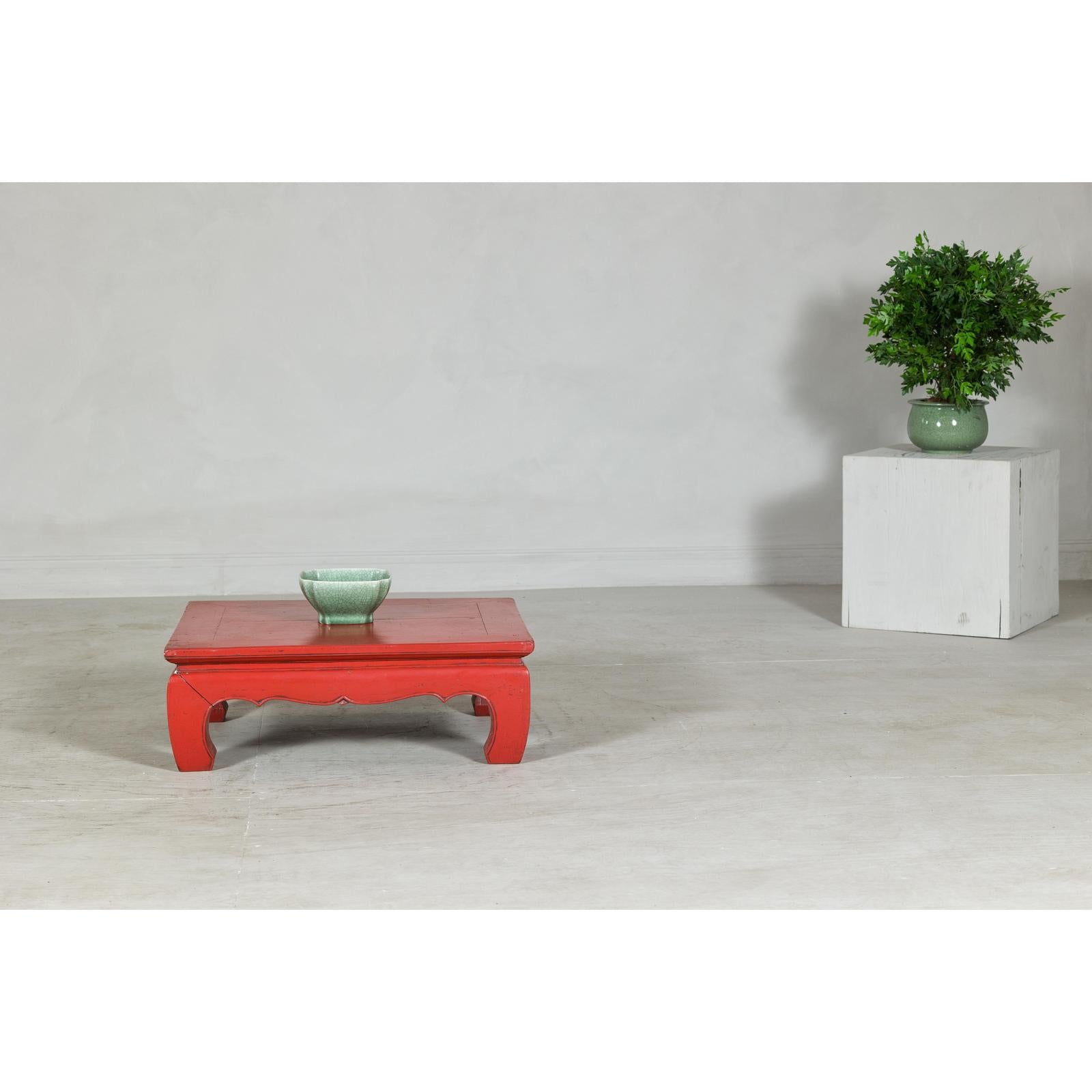 Red Lacquer Low Kang Table with Curved Legs and Scalloped Apron