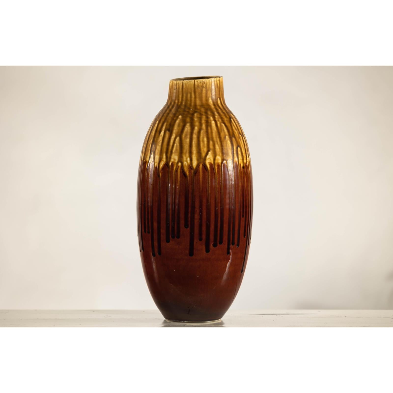 Vintage Drip Glaze Ceramic Vase in Reddish Brown and Mustard