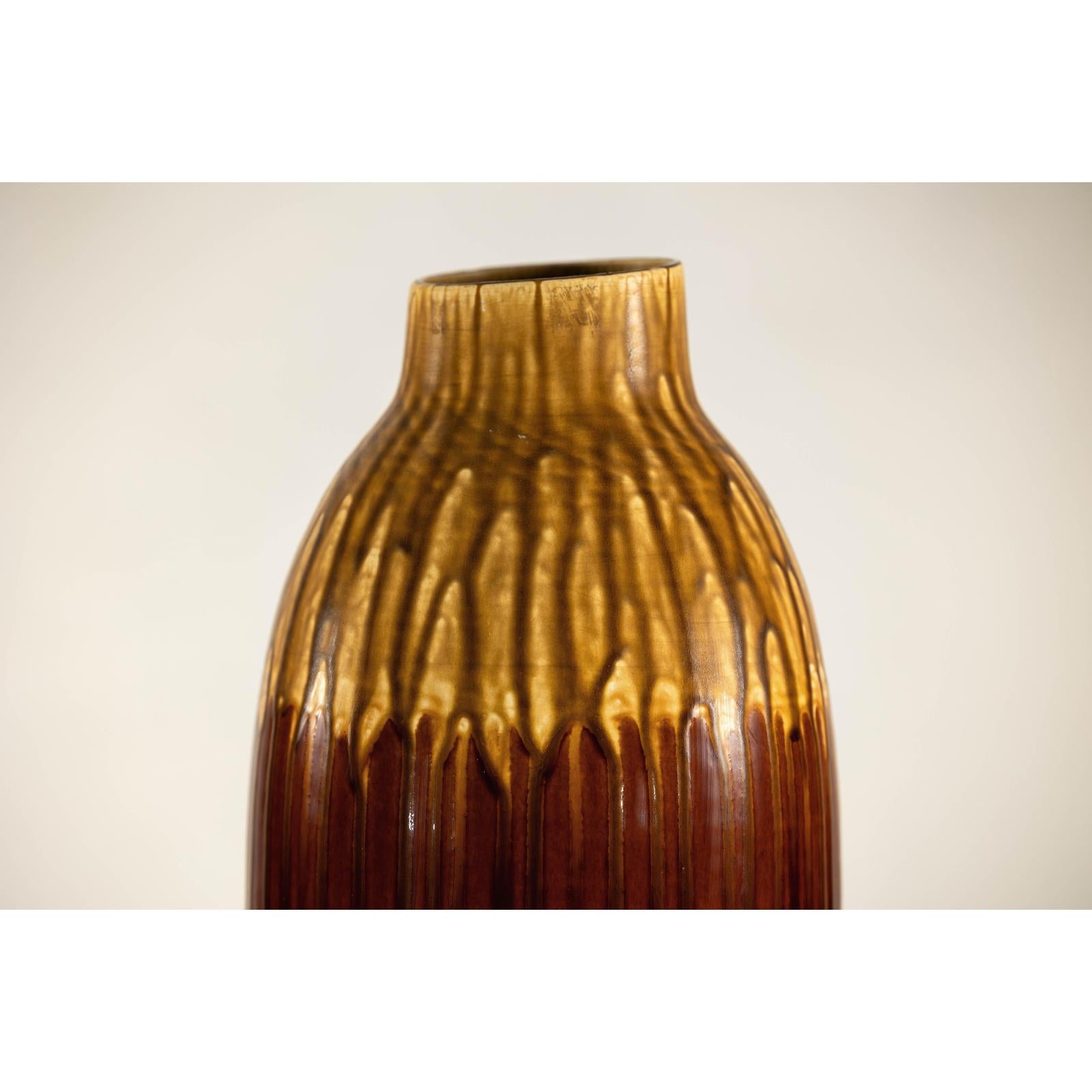 Vintage Drip Glaze Ceramic Vase in Reddish Brown and Mustard