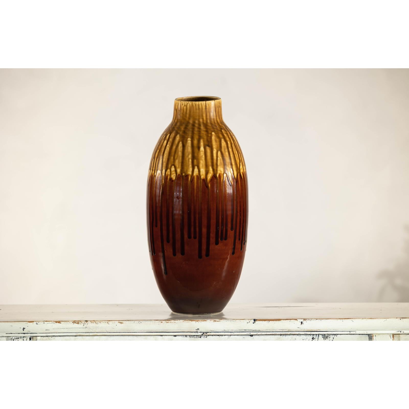 Vintage Drip Glaze Ceramic Vase in Reddish Brown and Mustard