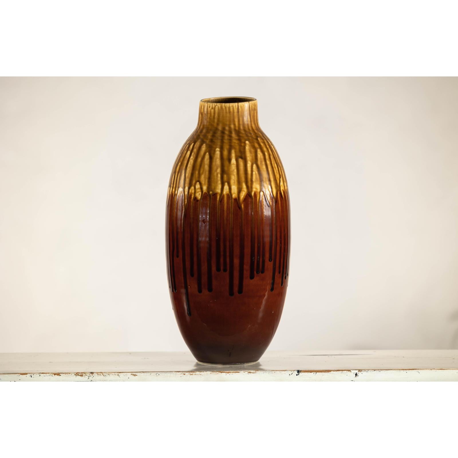 Vintage Drip Glaze Ceramic Vase in Reddish Brown and Mustard