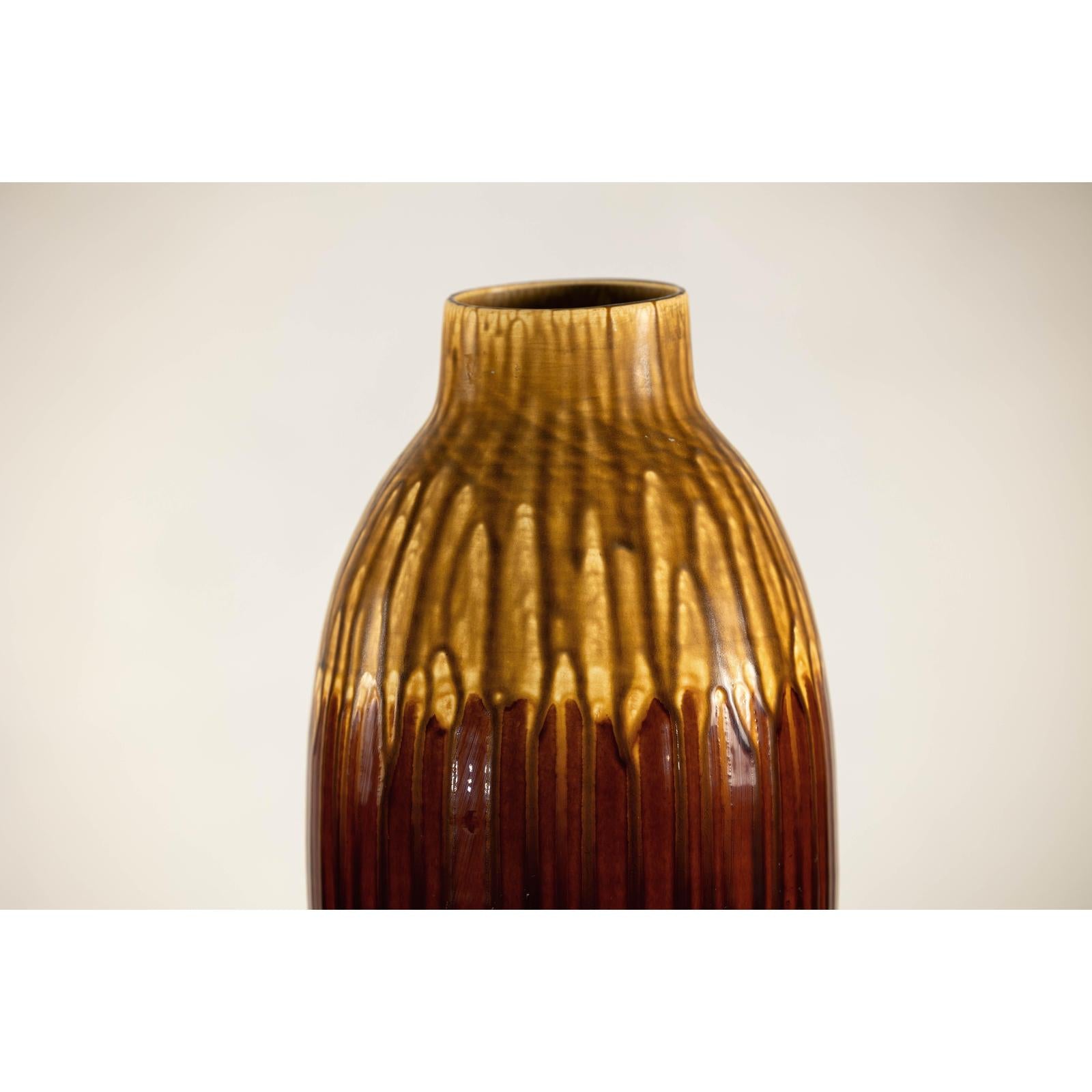 Vintage Drip Glaze Ceramic Vase in Reddish Brown and Mustard