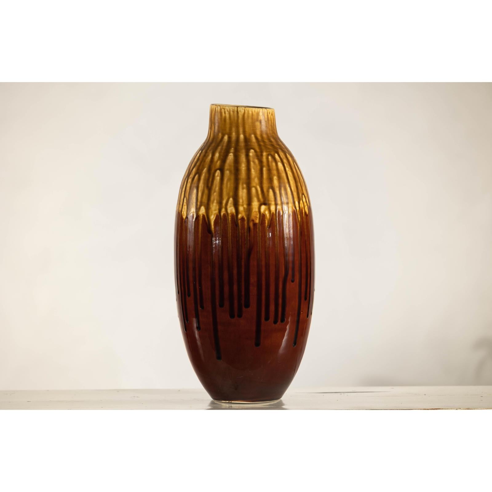 Vintage Drip Glaze Ceramic Vase in Reddish Brown and Mustard