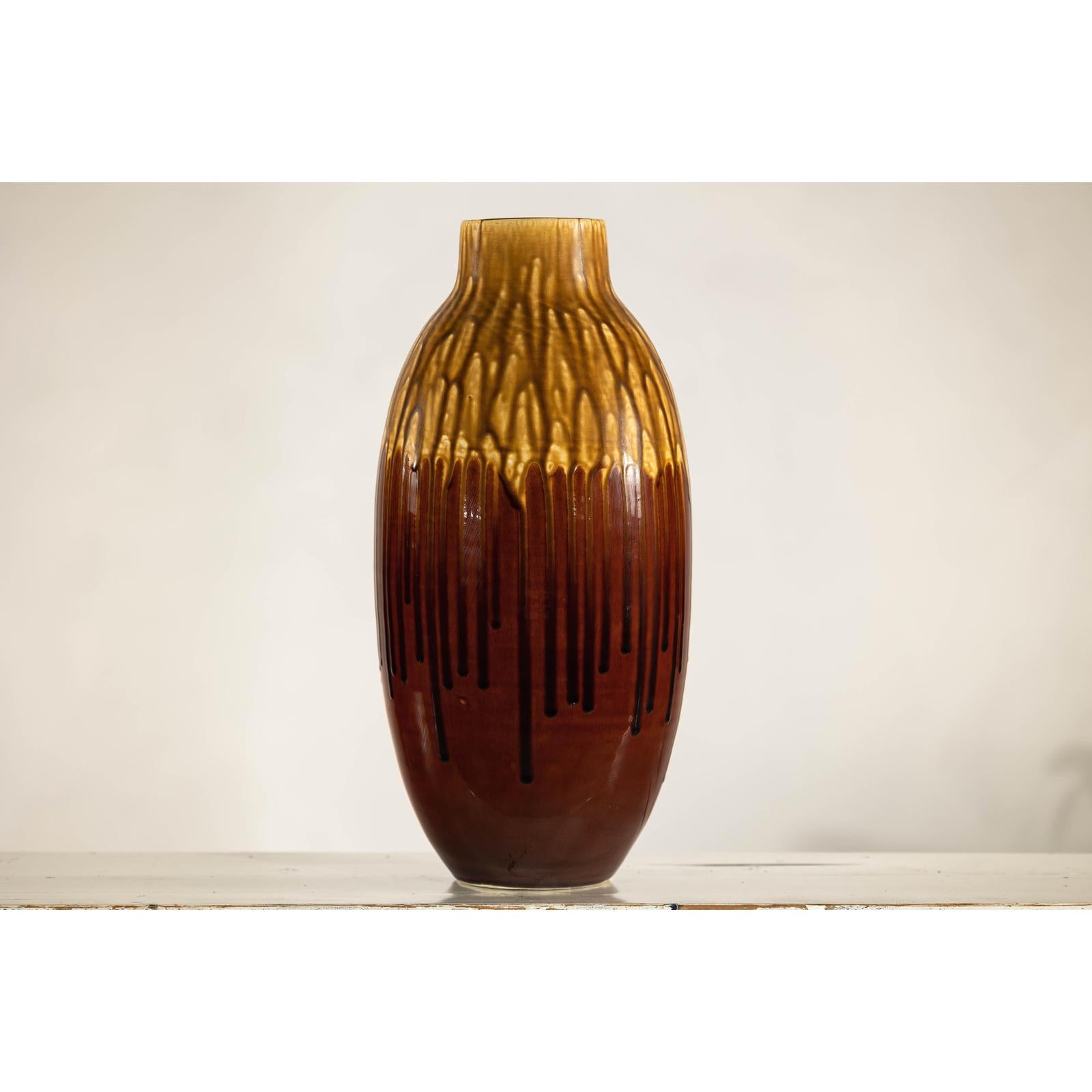 Vintage Drip Glaze Ceramic Vase in Reddish Brown and Mustard