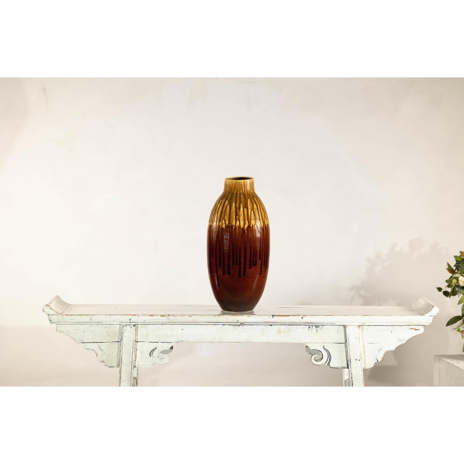 Vintage Drip Glaze Ceramic Vase in Reddish Brown and Mustard