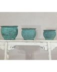 Vintage Set of Three Copper Cache Pots with Verdigris Patina