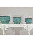 Vintage Set of Three Copper Cache Pots with Verdigris Patina
