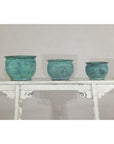 Vintage Set of Three Copper Cache Pots with Verdigris Patina