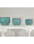 Vintage Set of Three Copper Cache Pots with Verdigris Patina