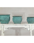 Vintage Set of Three Copper Cache Pots with Verdigris Patina