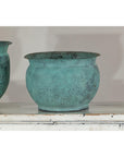 Vintage Set of Three Copper Cache Pots with Verdigris Patina