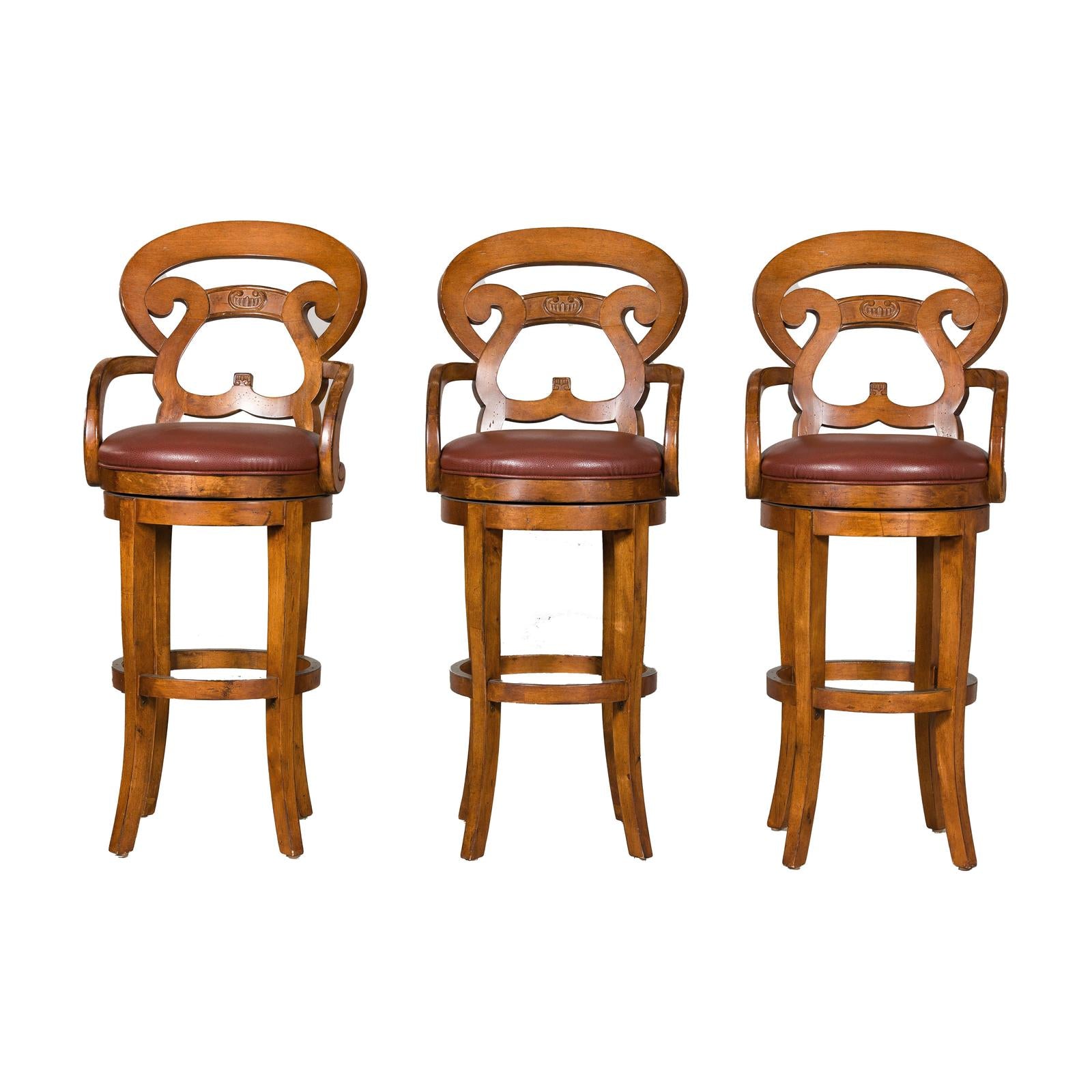 Swivel Bar Stools with Carved Backs and Faux Leather Seats – Set of Three