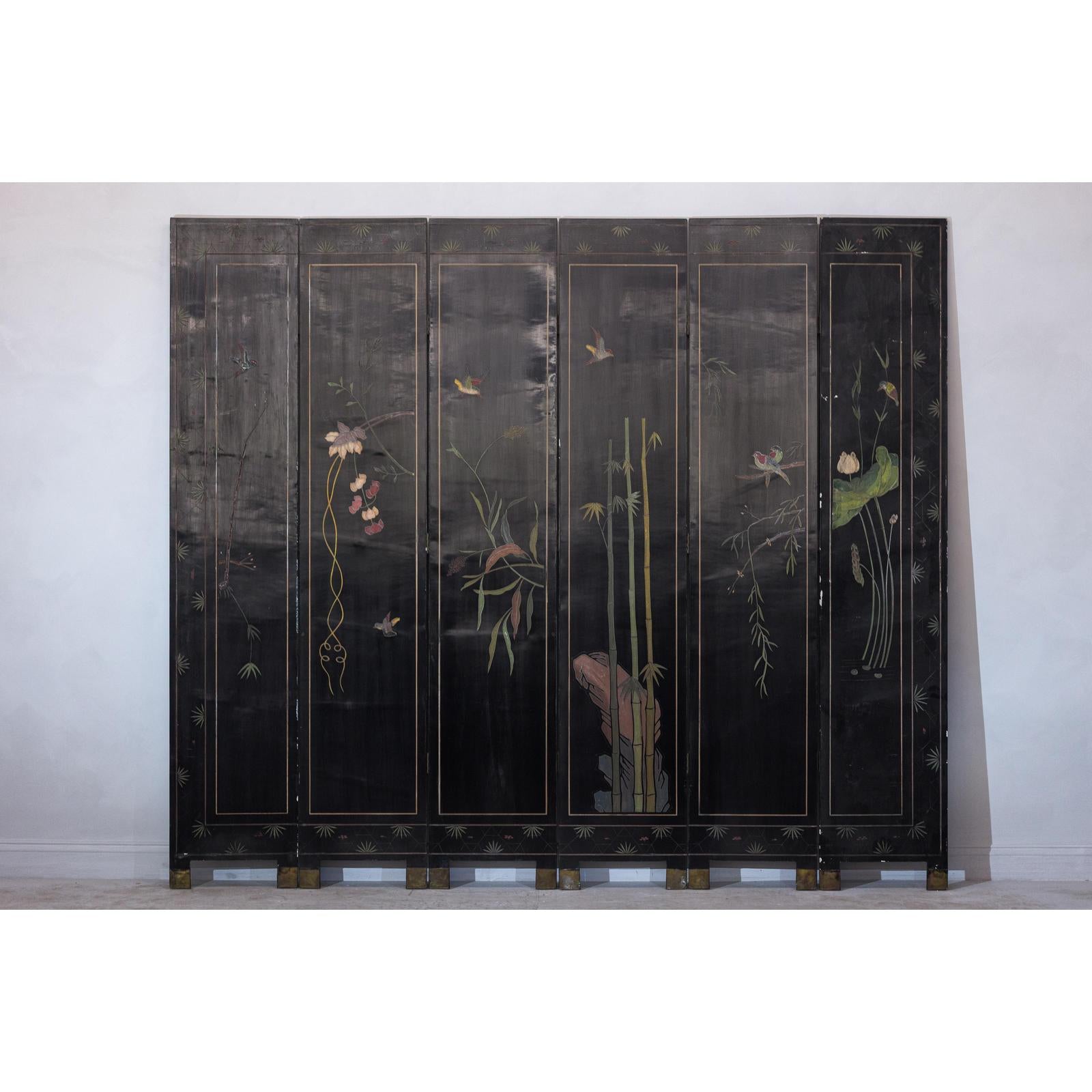 Mid-Century Coromandel Screen with Gold Cranes and Lacquered Floral Back