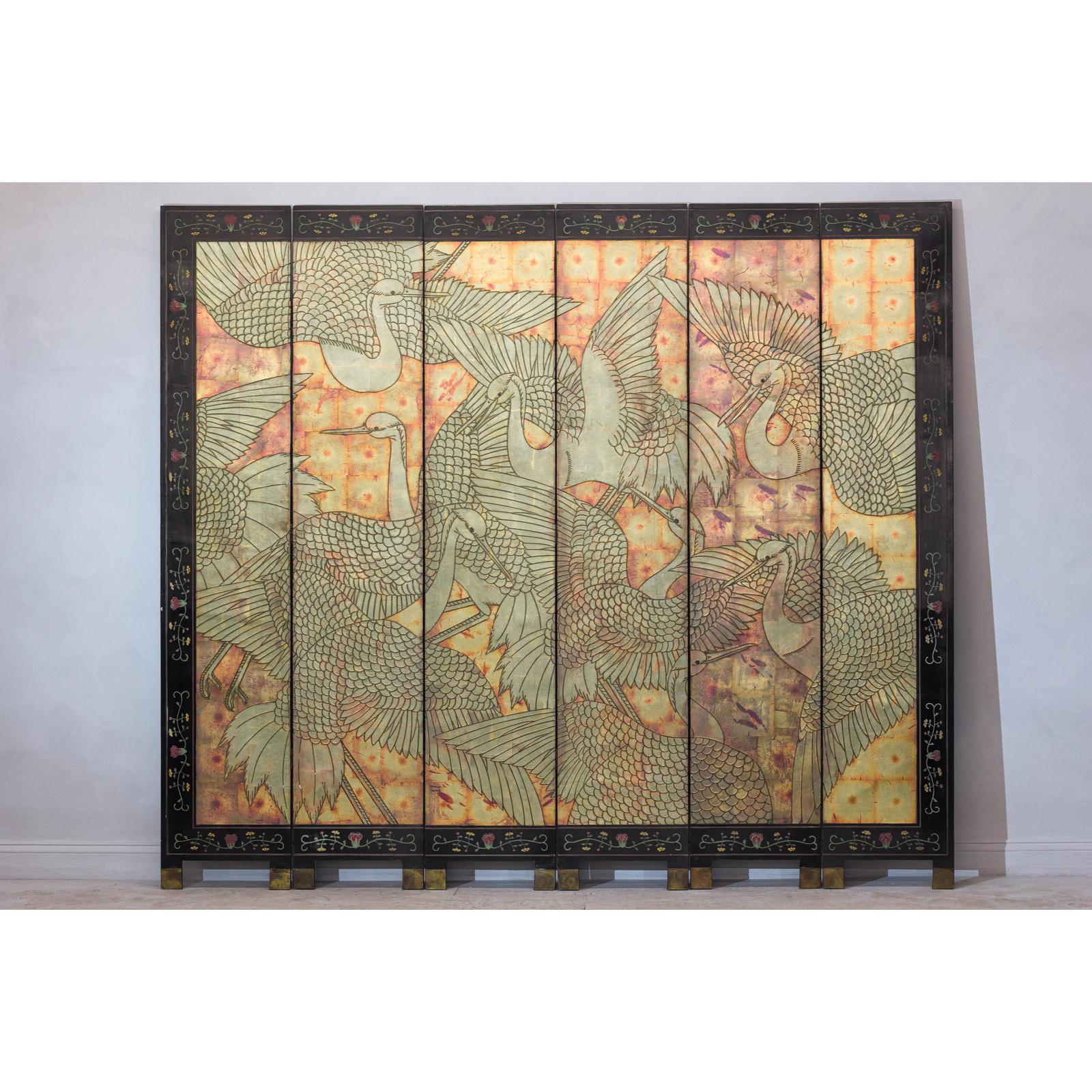 Mid-Century Coromandel Screen with Gold Cranes and Lacquered Floral Back