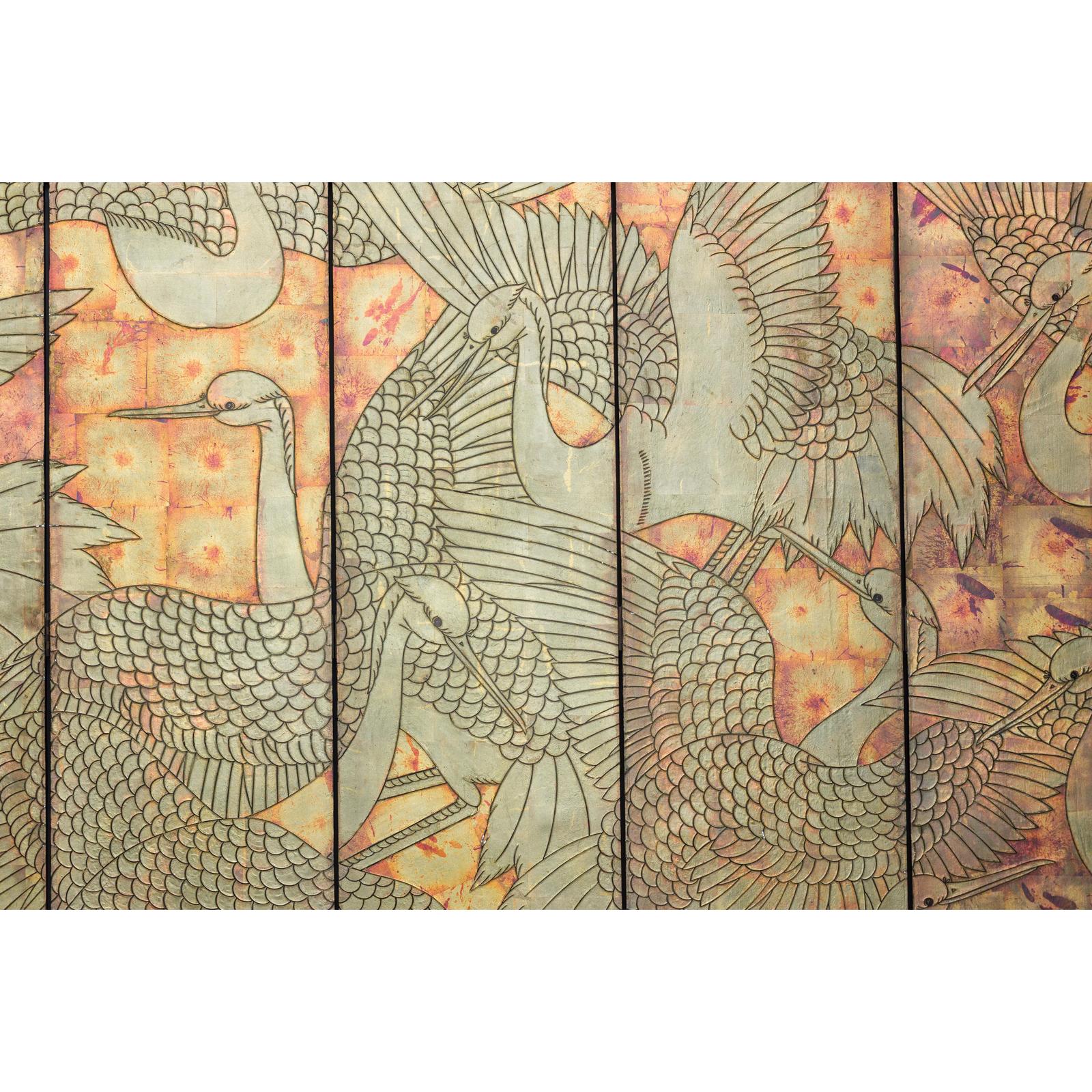 Mid-Century Coromandel Screen with Gold Cranes and Lacquered Floral Back
