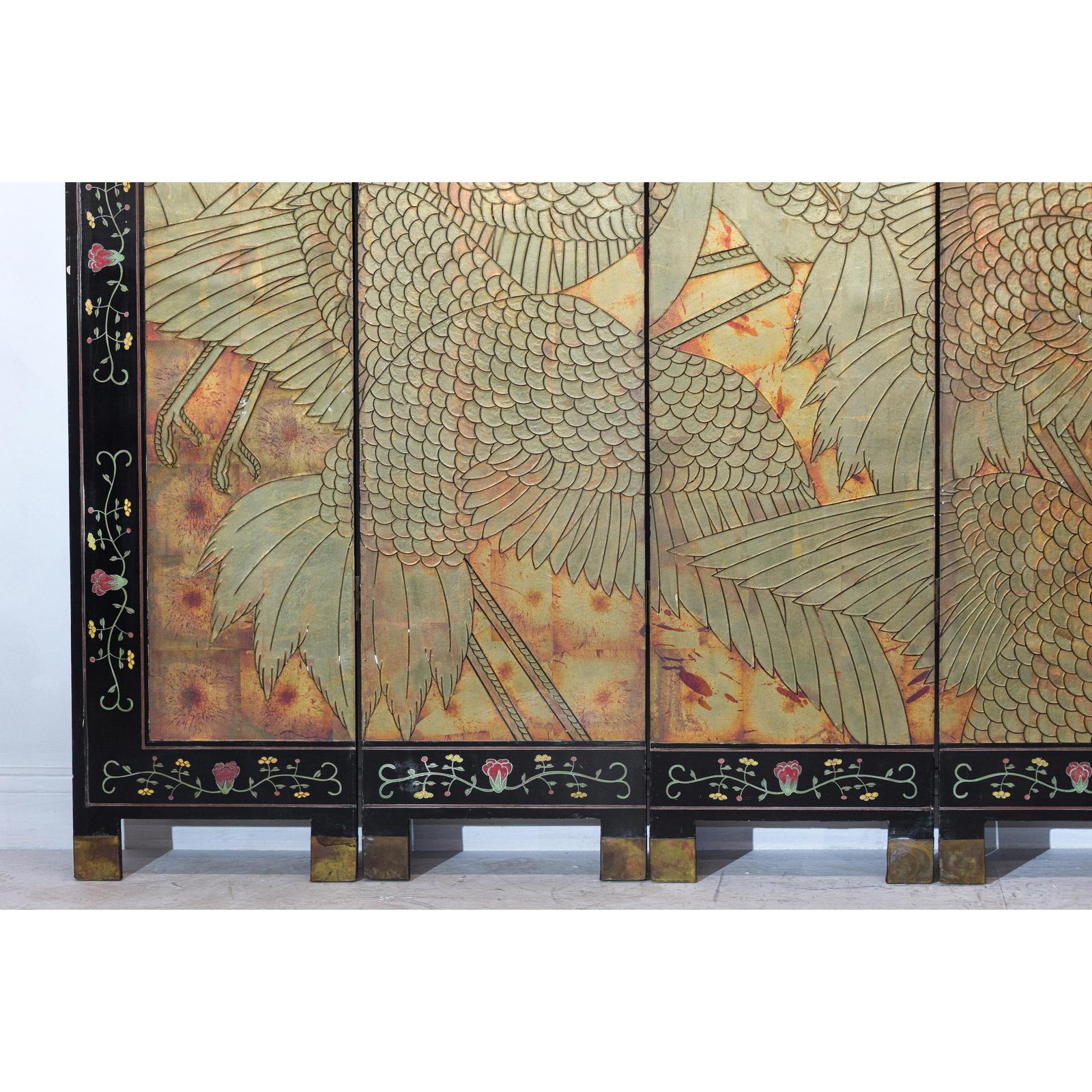Mid-Century Coromandel Screen with Gold Cranes and Lacquered Floral Back