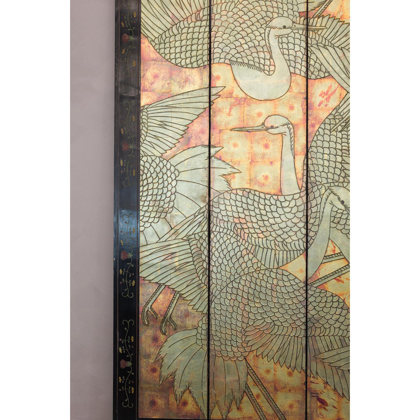 Mid-Century Coromandel Screen with Gold Cranes and Lacquered Floral Back