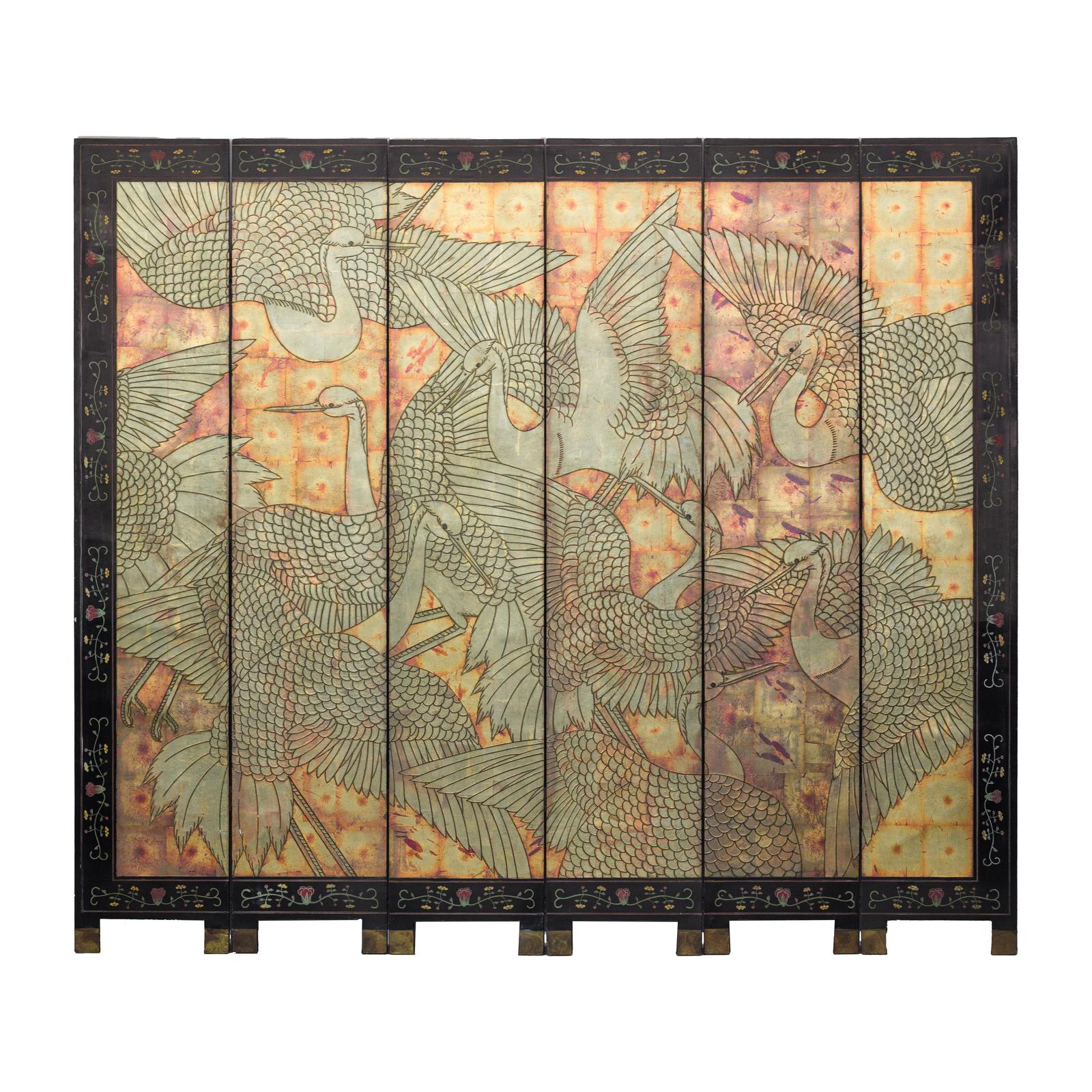 Mid-Century Coromandel Screen with Gold Cranes and Lacquered Floral Back