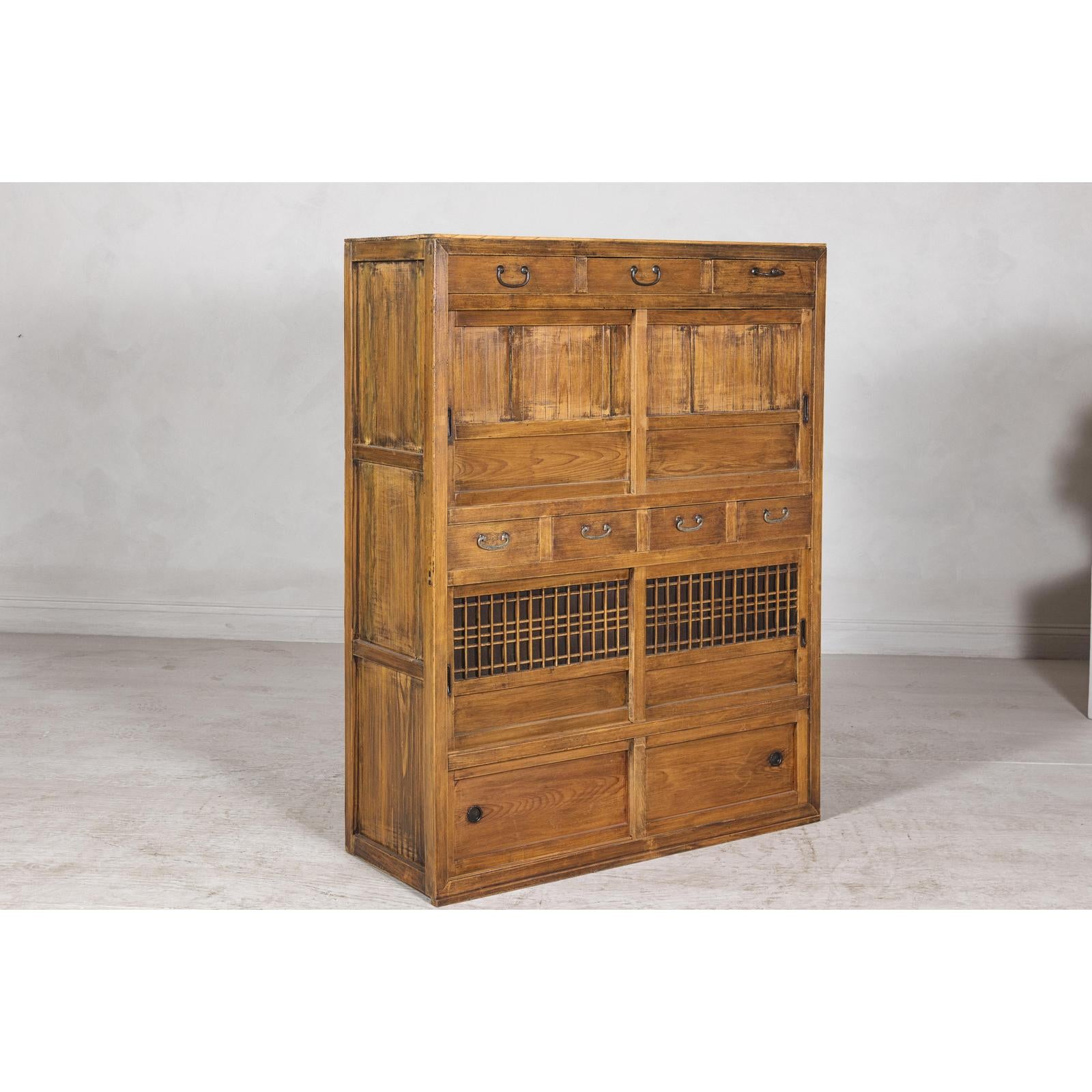 Taishō Period Mizuya Tansu Kitchen Chest in Sugi Wood with Sliding Door