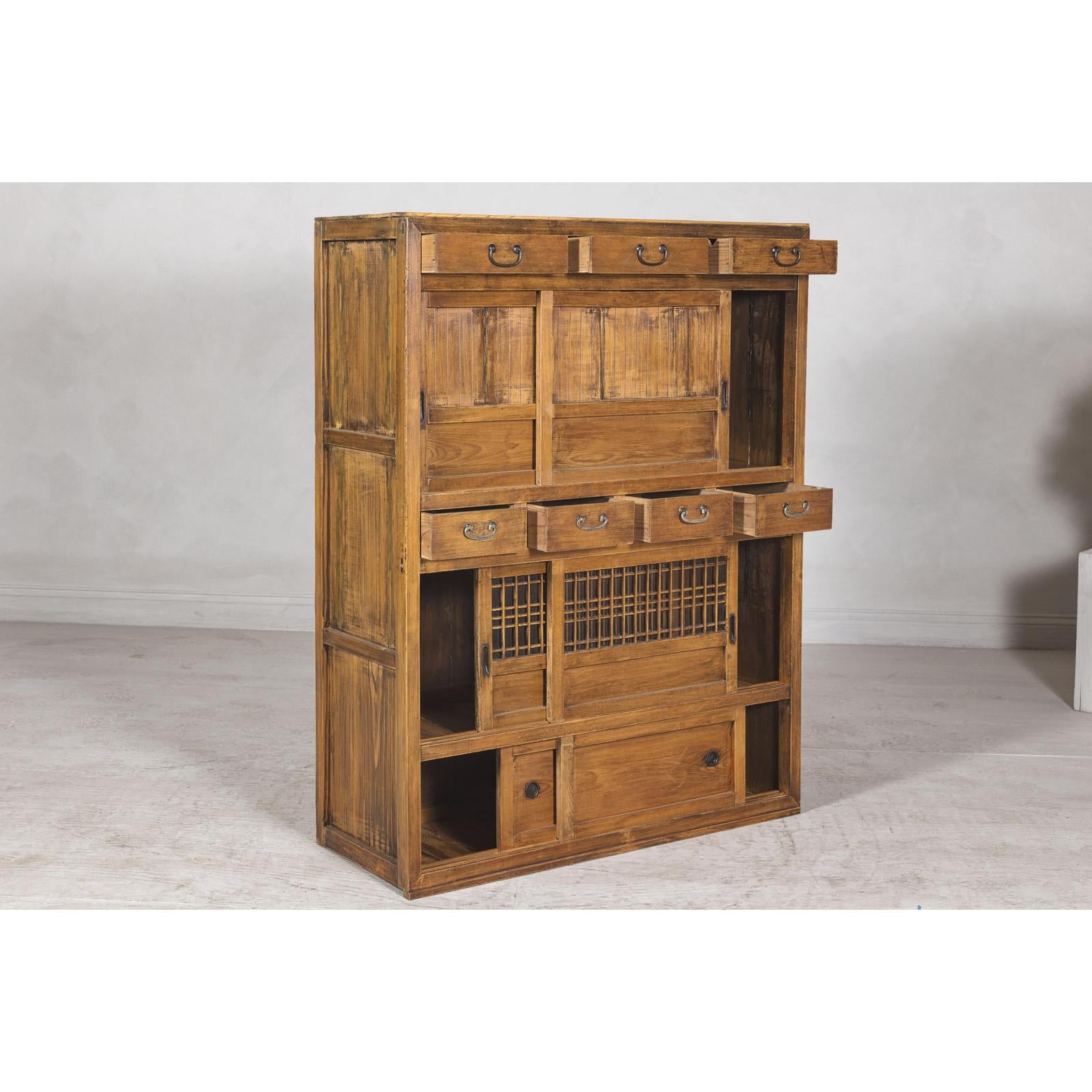 Taishō Period Mizuya Tansu Kitchen Chest in Sugi Wood with Sliding Door