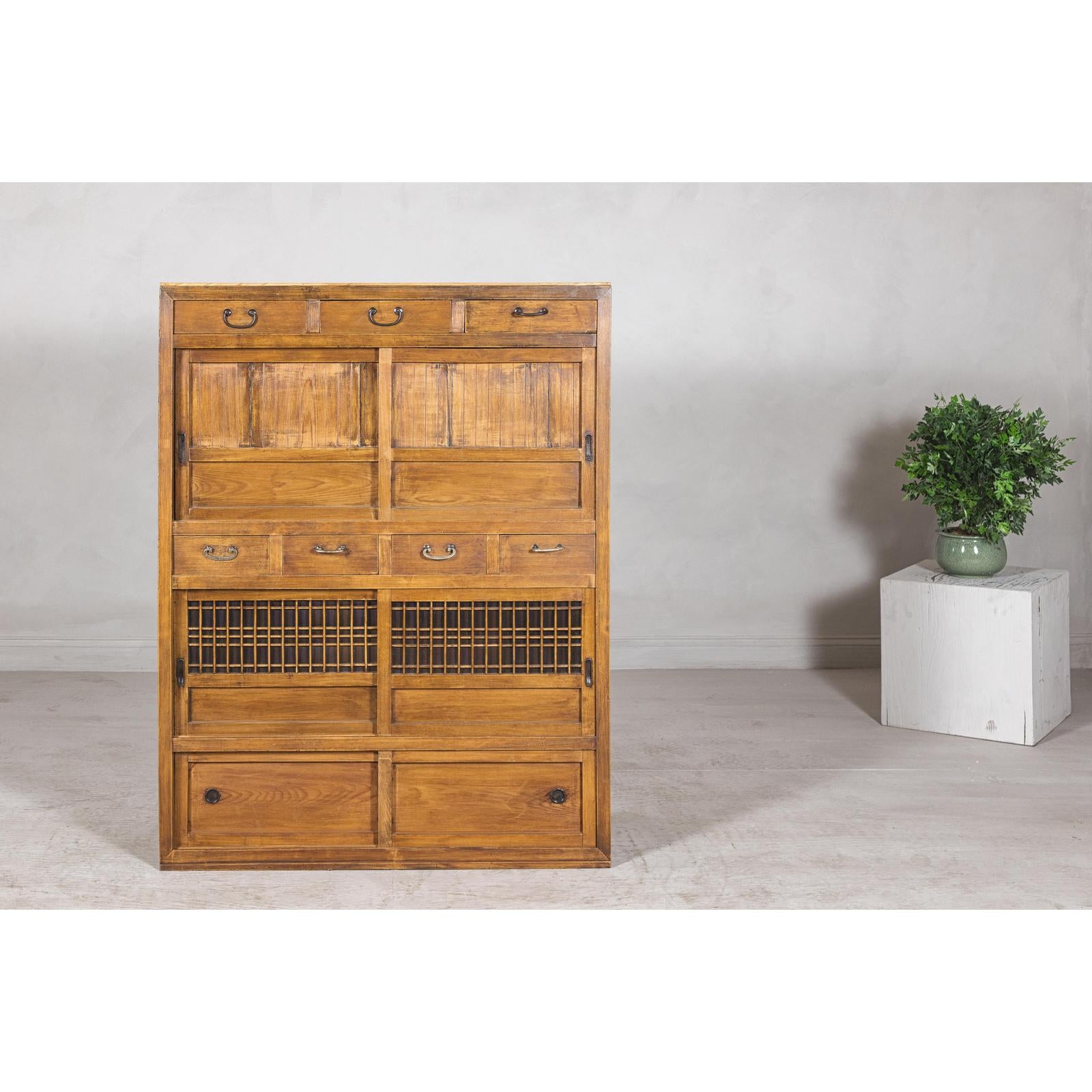 Taishō Period Mizuya Tansu Kitchen Chest in Sugi Wood with Sliding Door