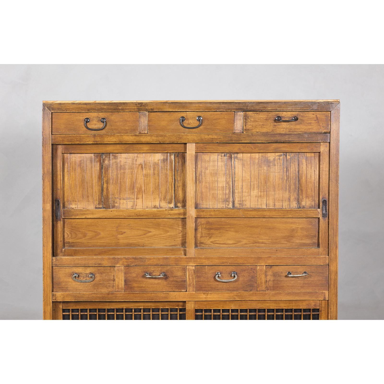 Taishō Period Mizuya Tansu Kitchen Chest in Sugi Wood with Sliding Door
